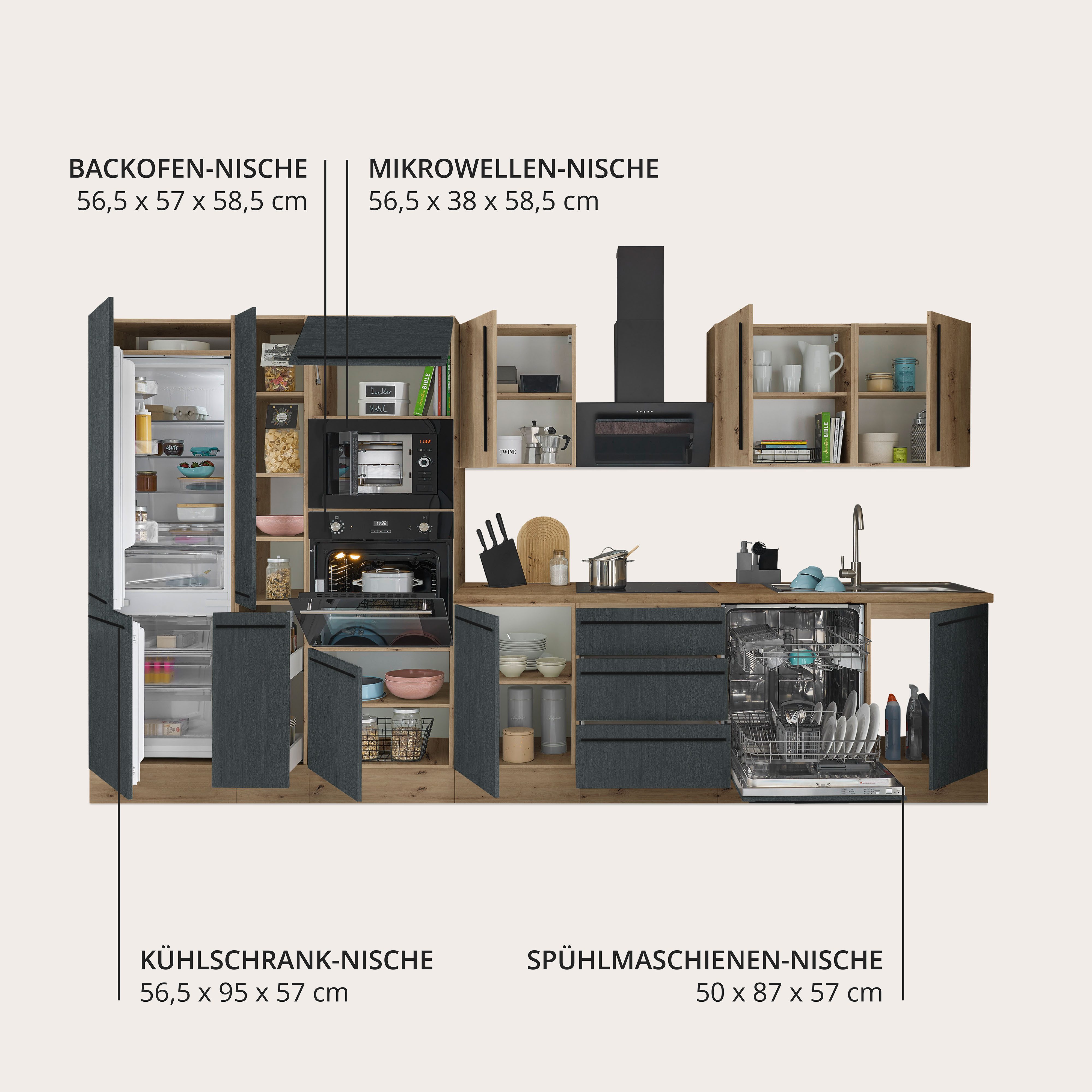 KOCHSTATION Küchenzeile Florida, Breite 370 cm, wahlweise mit E-Geräten,Softclose für Türen/Schubkästen