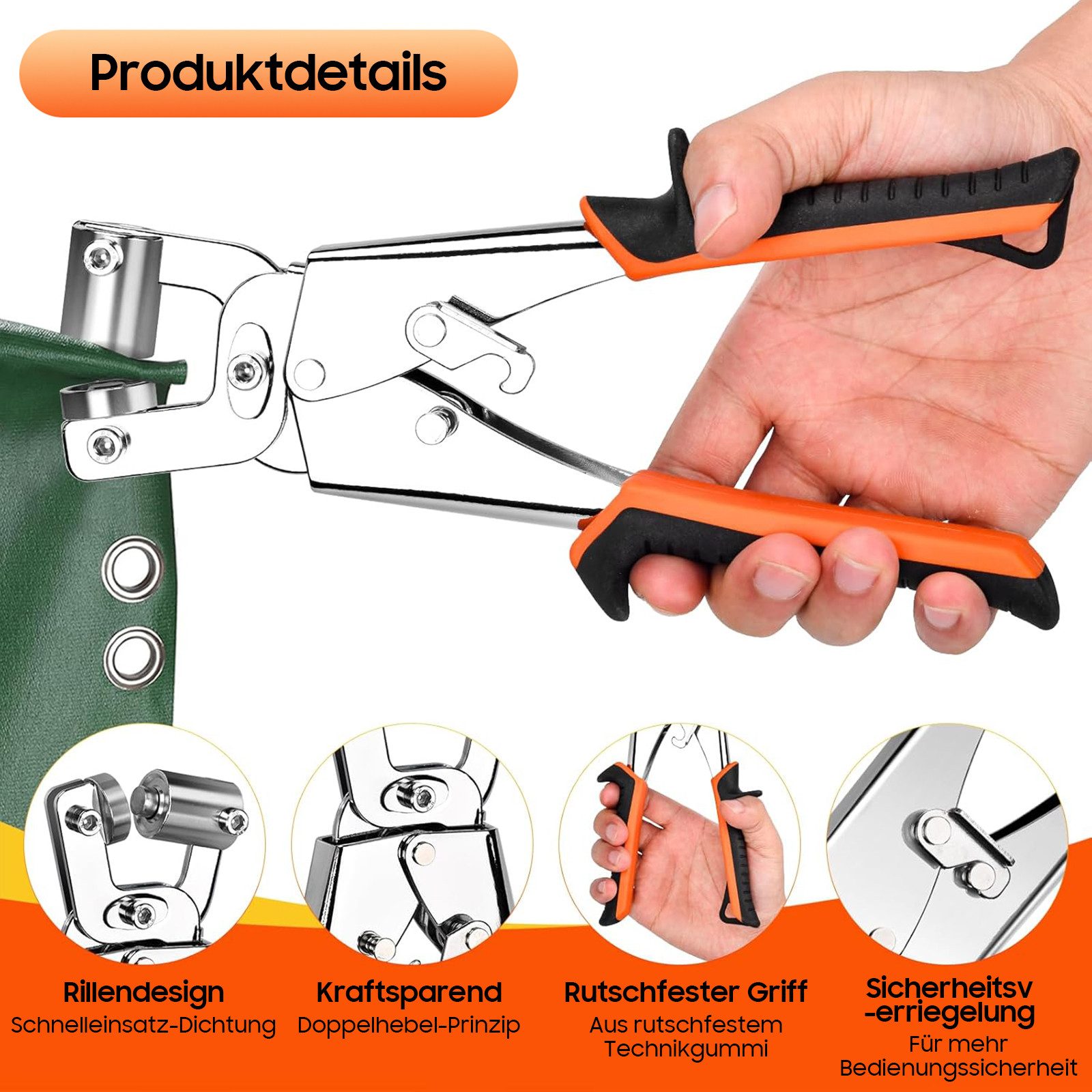 SURFOU Ösenzange Profi Ösenzange Set mit 500 rostfreien Ösen (10mm), Pressen-Set, mit 1 Schlagwerkzeug, für Perfekt für Leder, Gürtel, Awnings, Stoffe