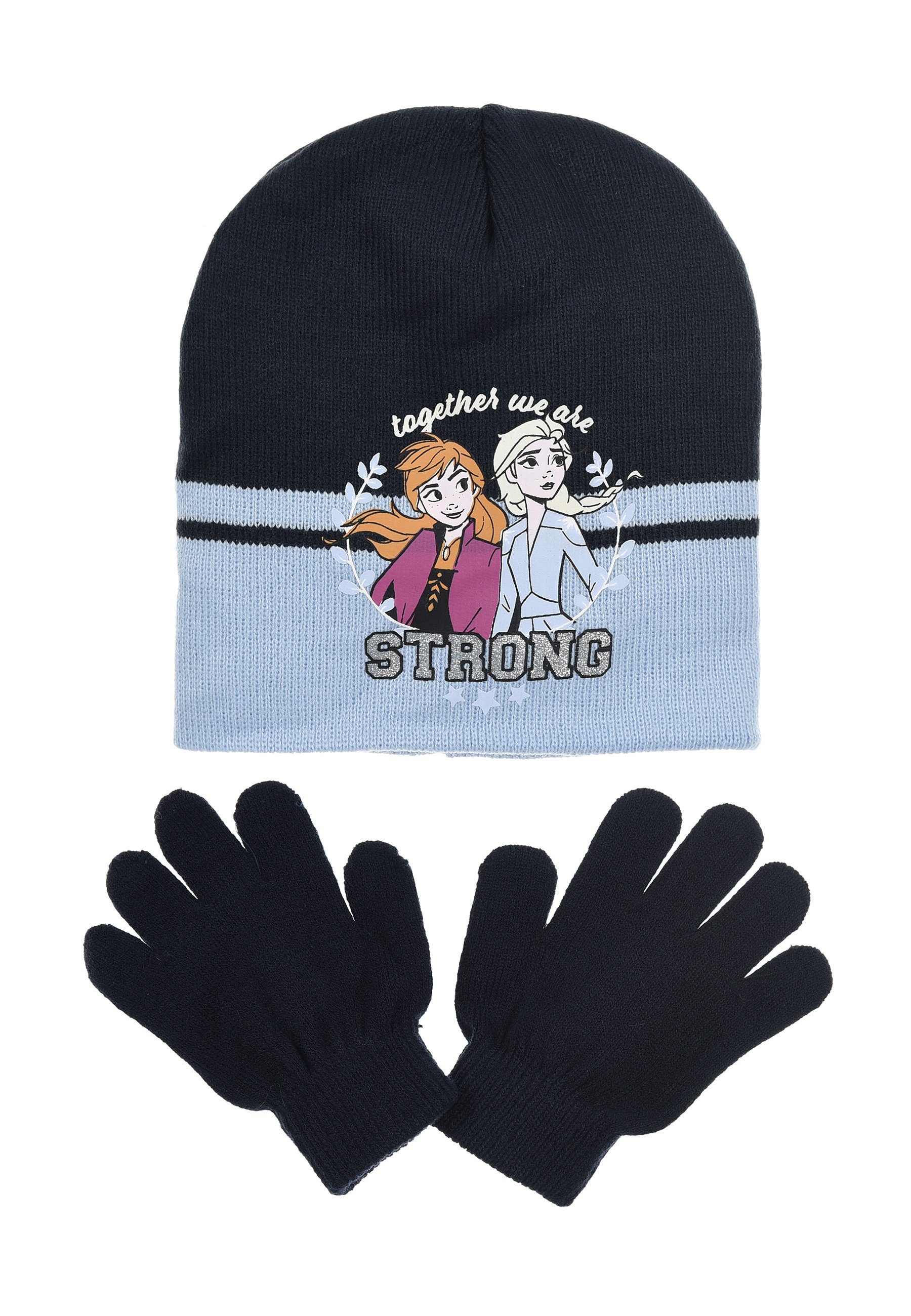Disney Frozen Beanie Eiskönigin Anna & Elsa Kinder Mädchen Winter-Set Mütze Handschuhe (SET) Blau