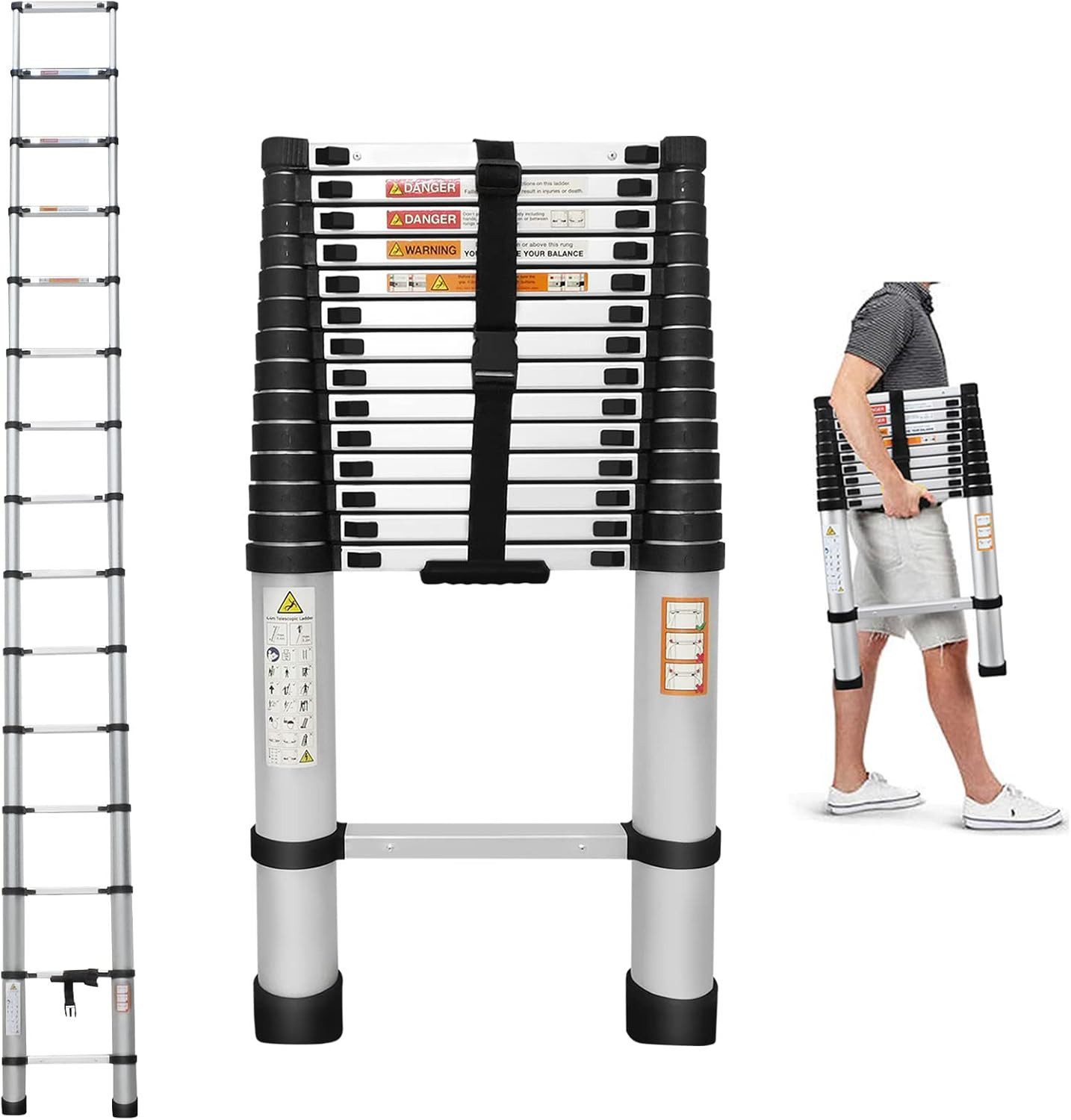 Athlix Teleskopleiter Edelstahl-Teleskopleiter Verlängerungsleiter bis 3,8m, kompakte Leiter, 150kg Tragfähigkeit, Stufenweise einstellbar, Wetterfest