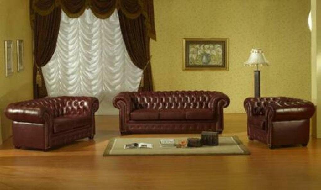 Europa Sofa/Sessel), 3+2+1 Leder Sofa/2-Sitzer Made Chesterfield (3-St., 3-Sitzer JVmoebel Sofort, Ledersofa in Wohnzimmer-Set Sofa Sofagarnitur 100%