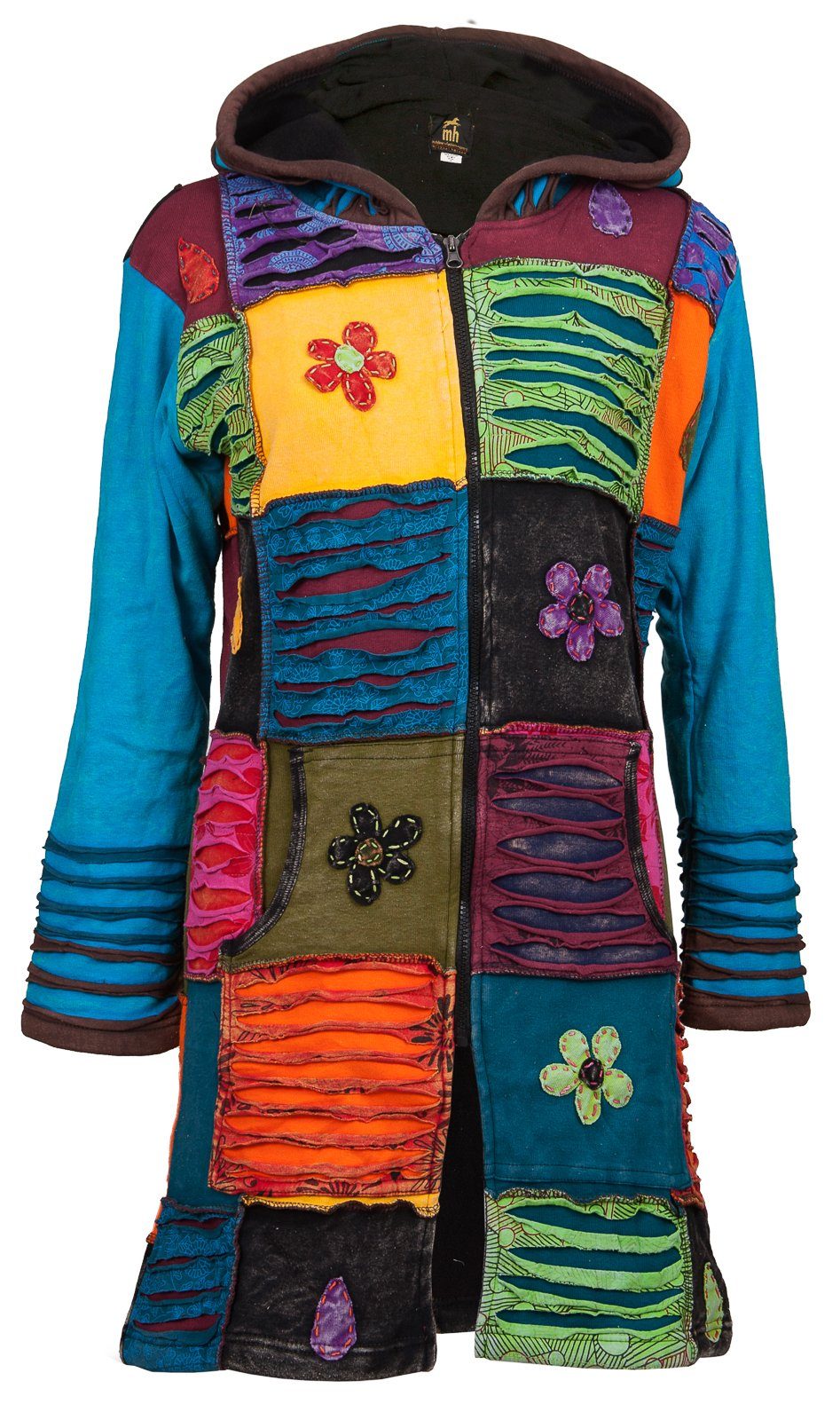 SPIRIT of NEPAL Strickmantel Damen Patchwork-Mantel mit Fleecefutter