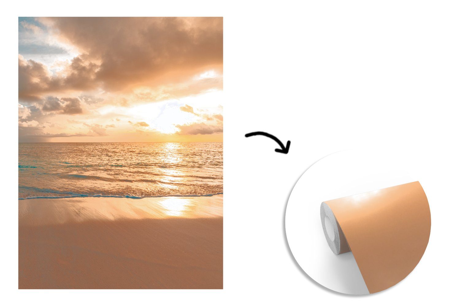 Sonnenuntergang - Tapete - Sommer Montagefertig (4 MuchoWow Matt, bedruckt, Vinyl Wolken Meer, für St), Strand - - Fototapete Wohnzimmer, Wandtapete