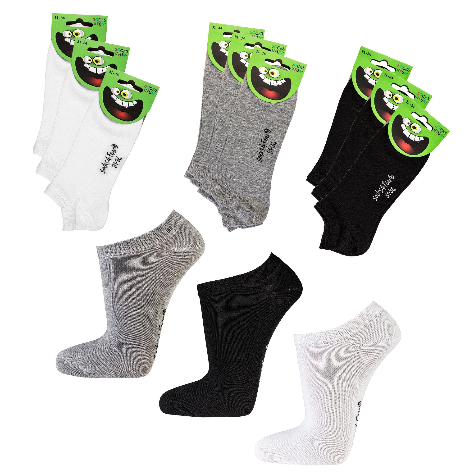 Socks 4 Fun Sneakersocken 3185 (Packung, 9-Paar, 9 Paar) unifarbene Kinder Socken Sneakersocken Jungen Mädchen weiß+grau+schwarz