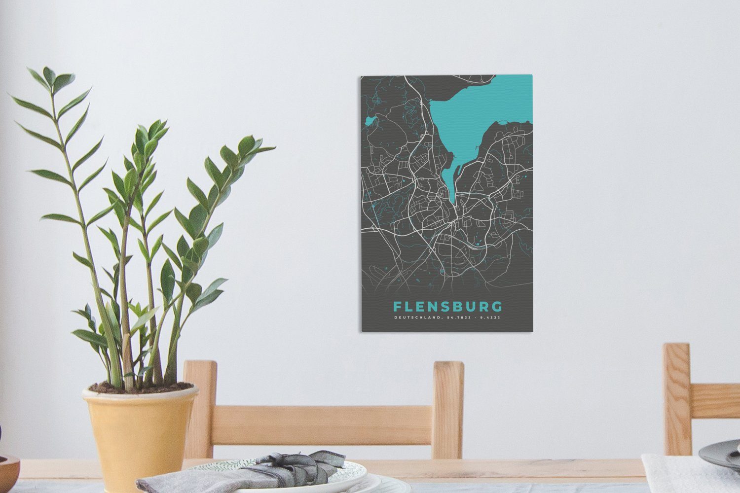 Karte, 20x30 Leinwandbild Deutschland fertig Blau - St), Karte - - Gemälde, - inkl. (1 OneMillionCanvasses® Flensburg Leinwandbild cm Stadtplan bespannt Zackenaufhänger, -