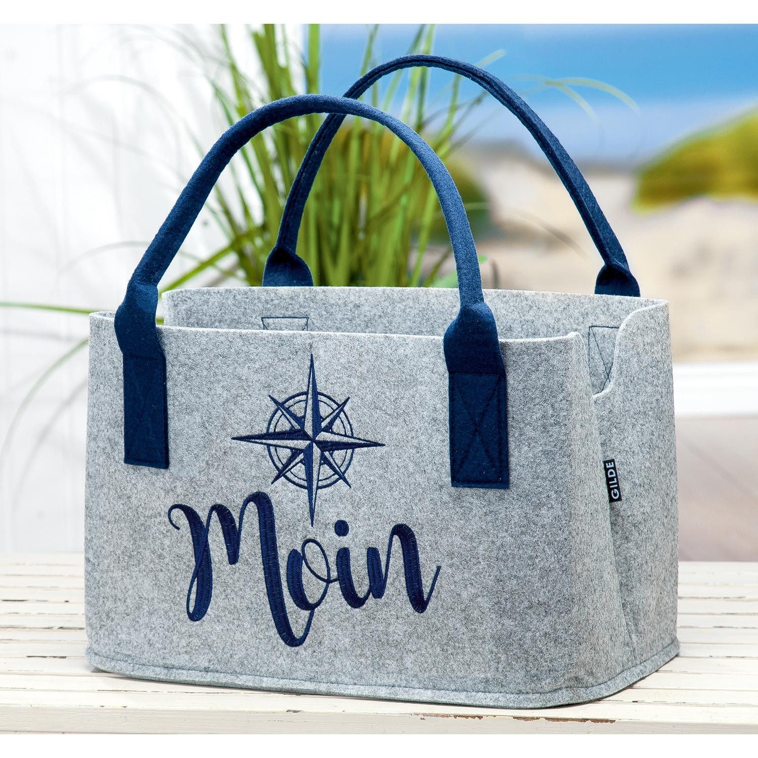 GILDE Einkaufsshopper Tasche, "Moin", Schriftzug, Windrosenmotiv, Filz, grau, Windrose, Einkauf, Alltagsbegleiter, Geschenkidee, Aufbewahrung