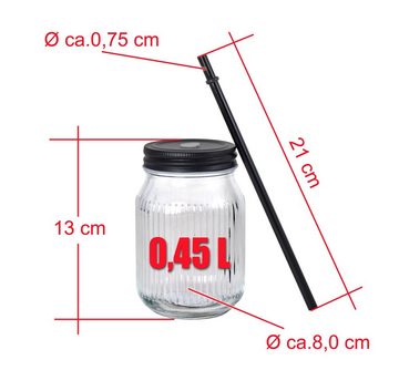 KS-Direkt Gläser-Set Trinkglas + Schraubdeckel + Strohhalm 0,45L Glas Trinkglas Trinkbecher, mit Strohhalm