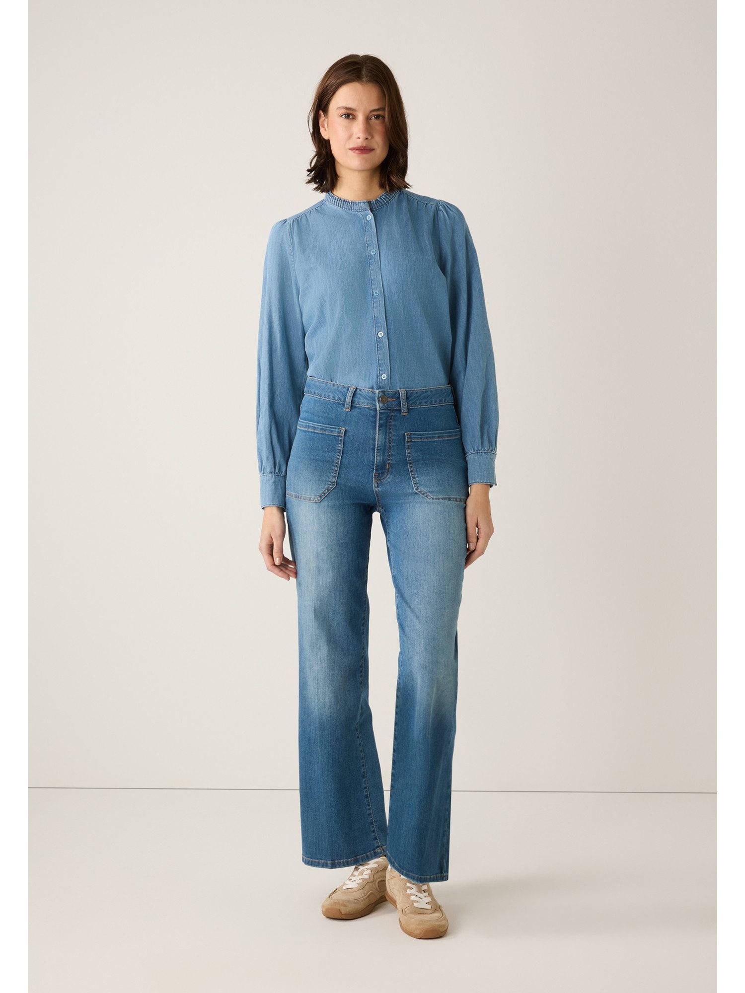 MORE&MORE Langarmbluse leichte Jeansbluse mit Fältchen günstig online kaufen