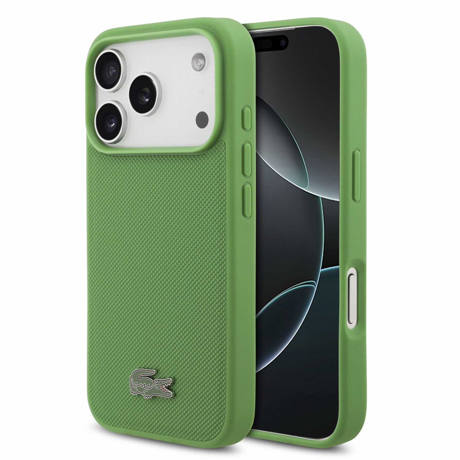 Lacoste Handyhülle iPhone 18 Pro MagSafe Petit Pique Hülle Kunstleder grün Logo Metall 6,3 Zoll, Kantenschutz
