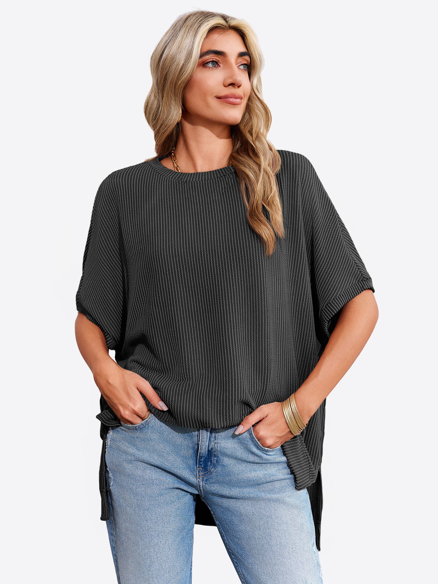 Imily Bela T-Shirt Damen Oversized Fledermausärmel Top Gerippt Loose (Packung, 1-tlg., 1per-Pack) Halbarm Stricken in Unifarbe