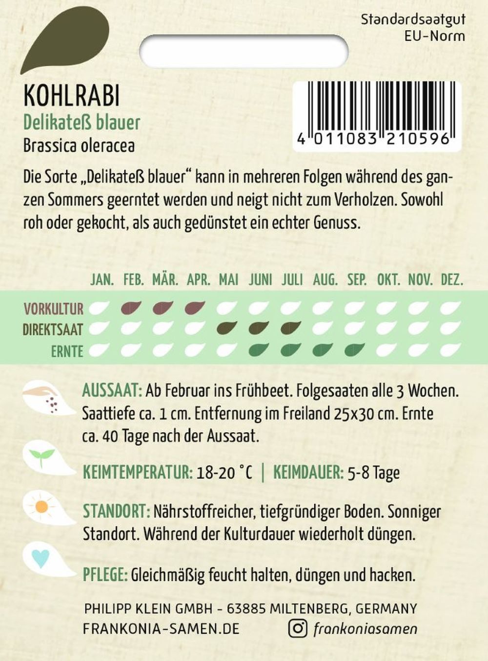 FRANKONIA Gemüsesamen Kohlrabi, Delikatess blauer - Kohlrabi-Samen Saatgut Samen, Brassica oleracea