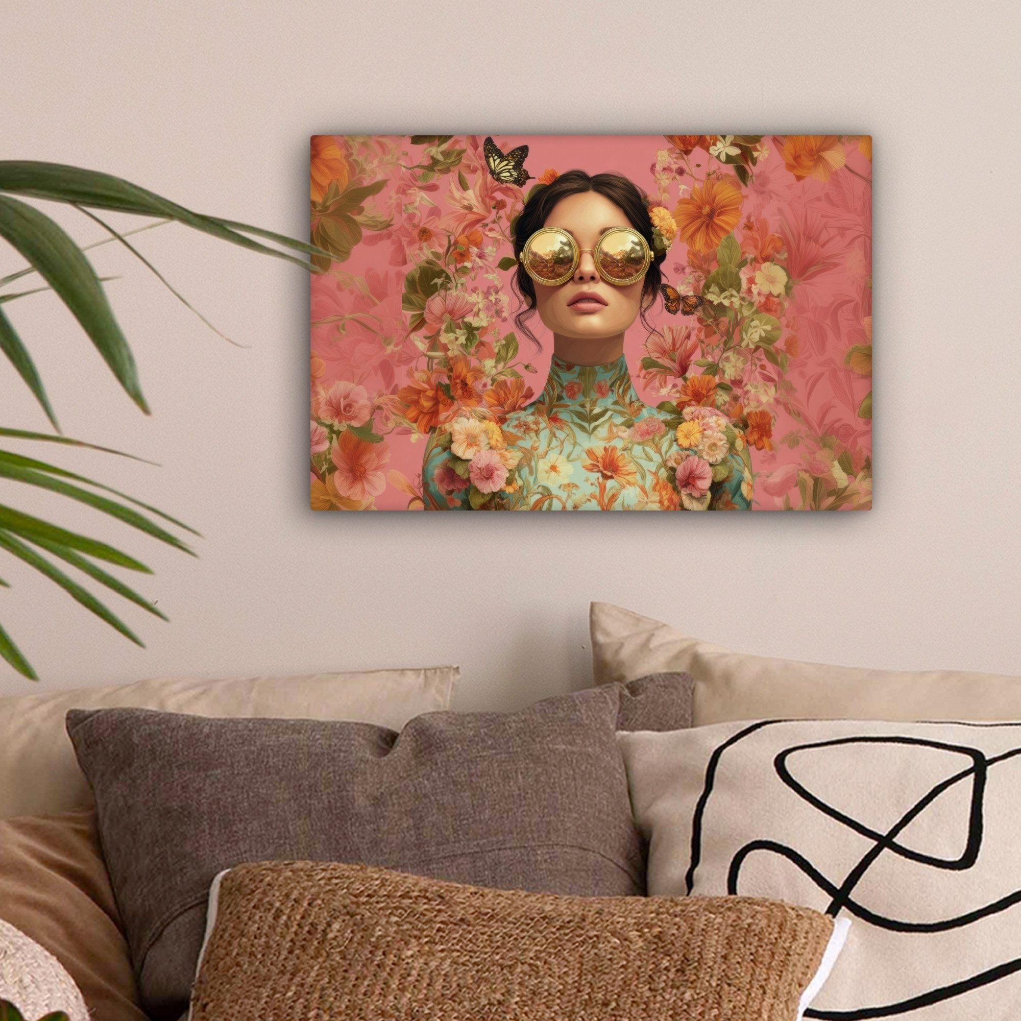 OneMillionCanvasses® Leinwandbild Frau - Brille - Rosa - Blumen, Fotodruck (1 St), Leinwand Bilder Klein, Wand Dekoration Aesthetic 30x20 cm