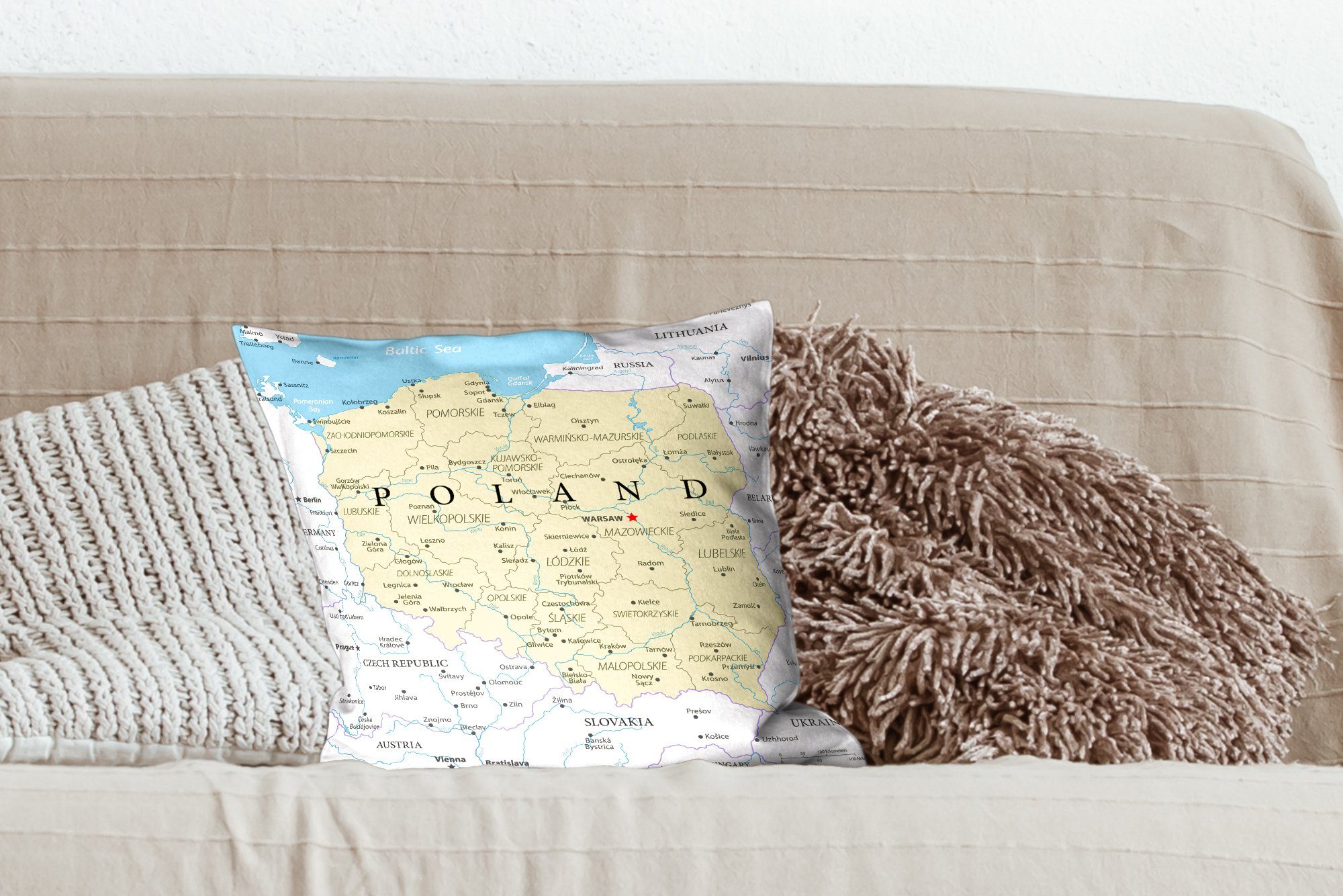 Füllung Sofakissen Wohzimmer, von Schlafzimmer, Deko, Polen, Karte mit Dekokissen MuchoWow Zierkissen für