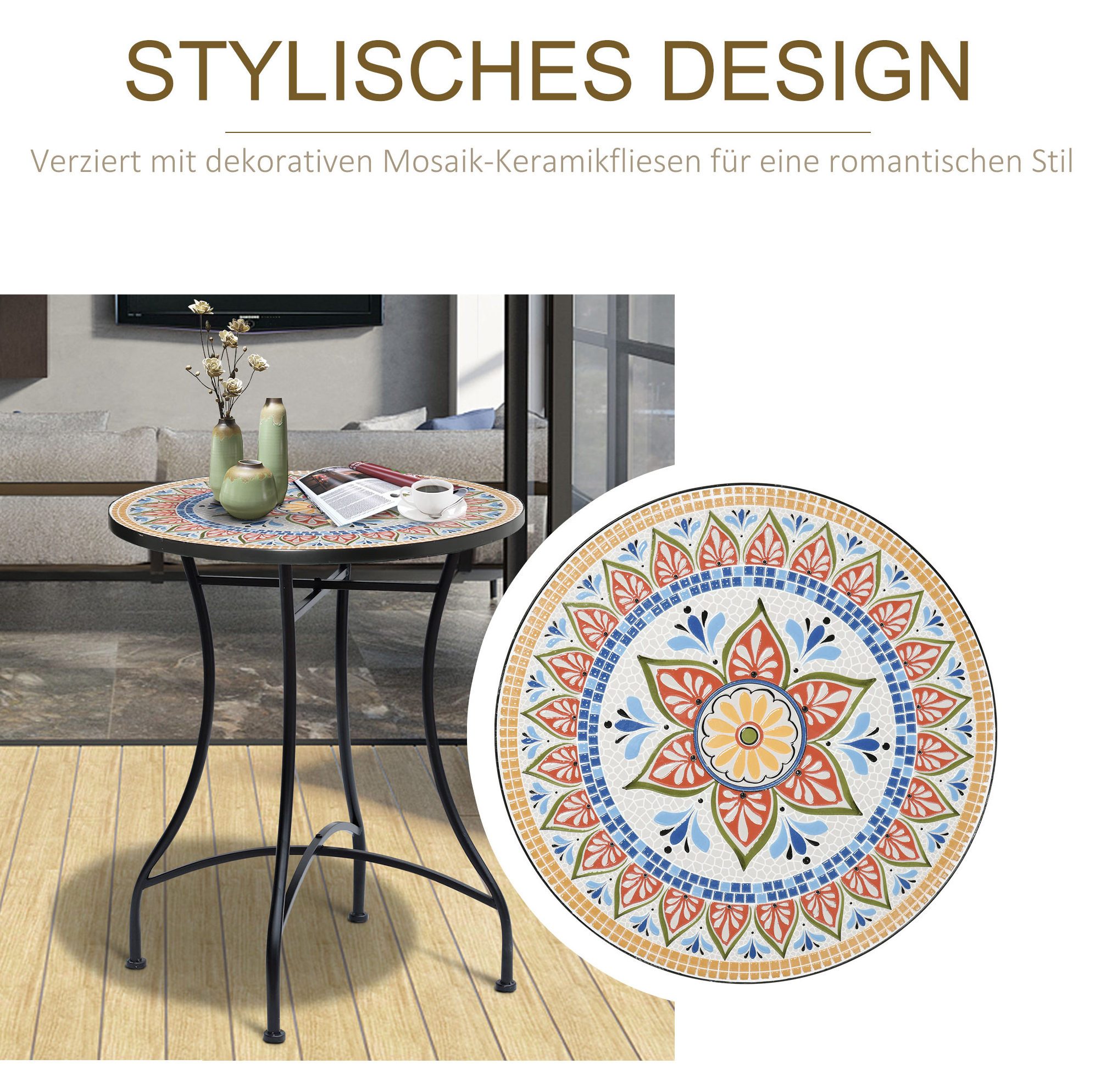 REDOM Gartentisch Mosaik Bistrotisch rund Ø60 cm Garten Beistelltisch Keramik Metall (Packung, 1-St., Geeignet für Balkon, Terrasse und kleine Outdoor Bereiche), Dekorativer Outdoor Tisch mit farbigem Mosaikdesign Rot Blau Weiß
