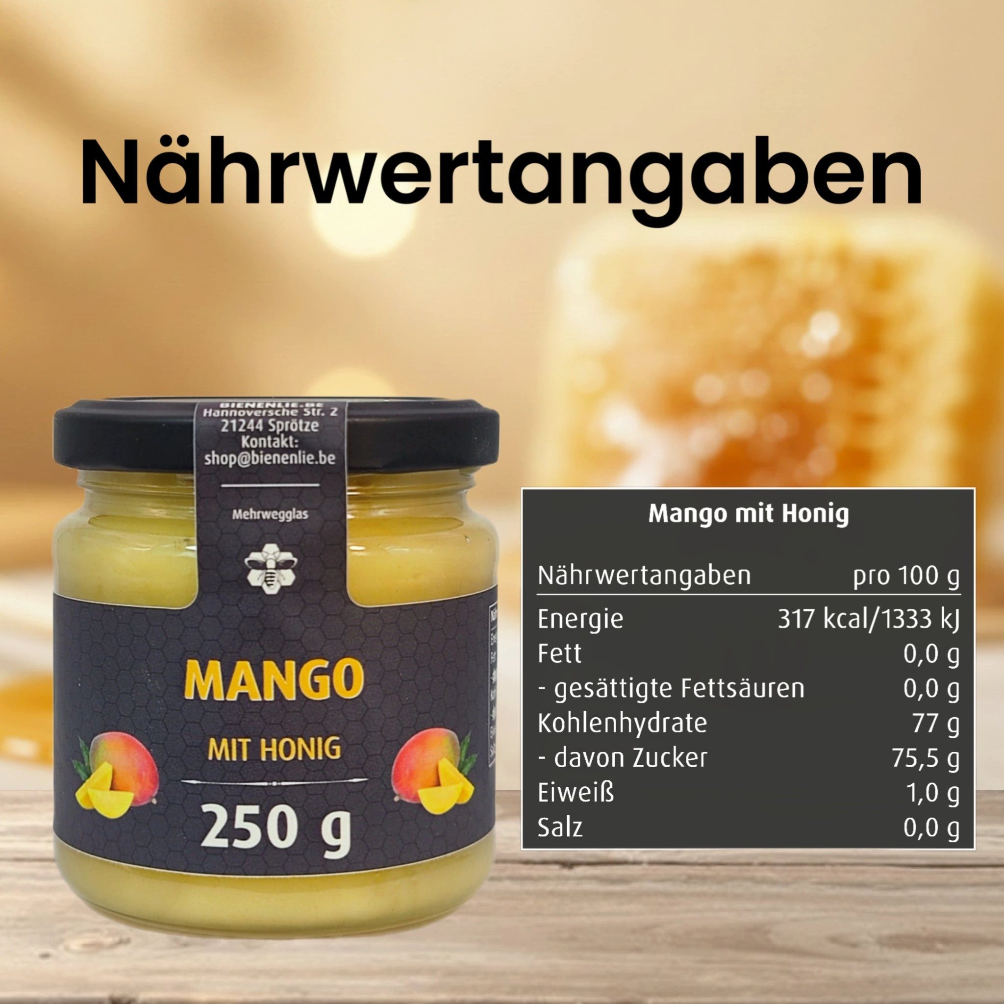 Imkerei BienenLie.be Honig Mango mit Honig - fruchtig & mild, 250g, 1 x 250 g, 1 St. (Cremiger Brotaufstrich mit Honig & Frucht)