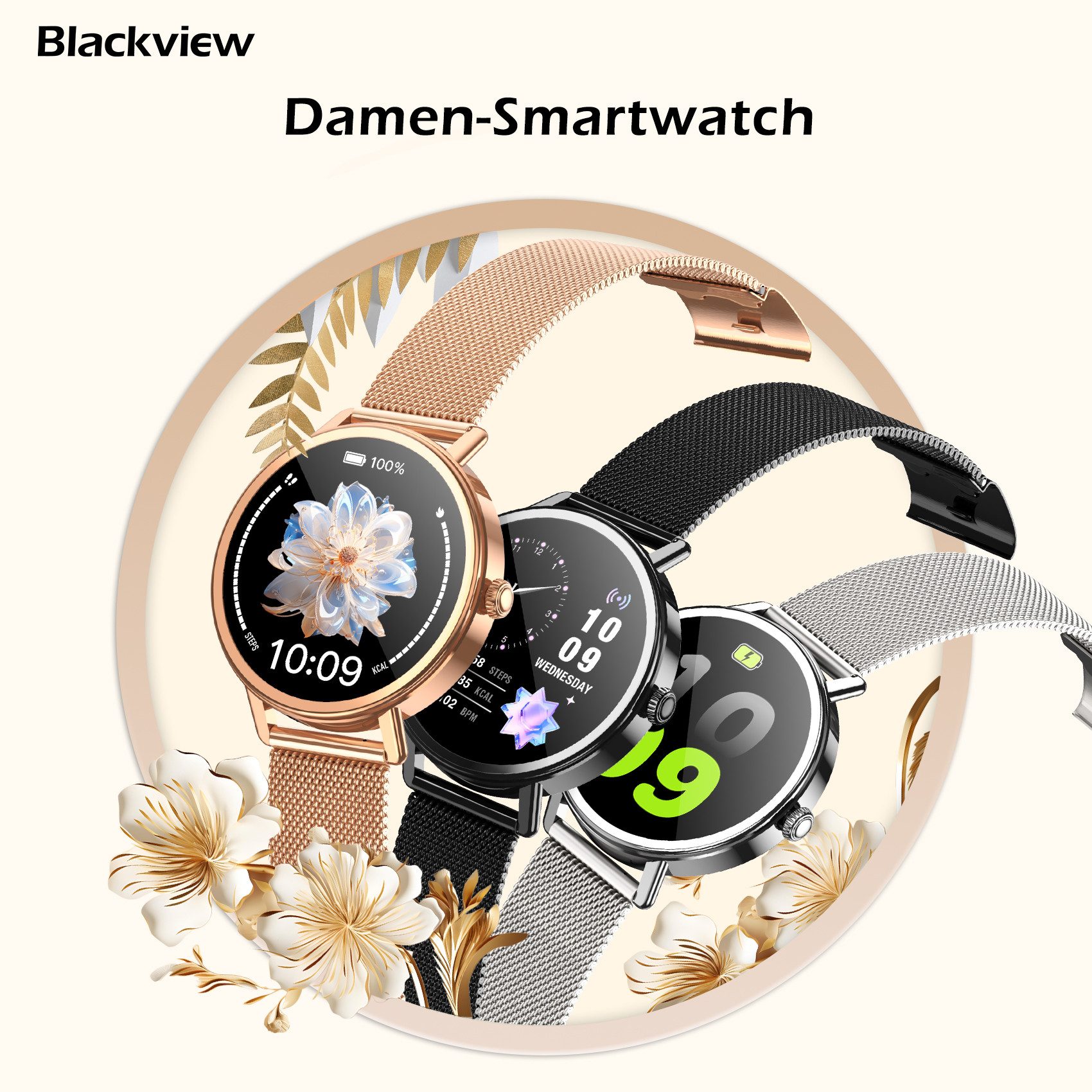 blackview Smartwatch X30 1,26″ für Damen mit Telefonfunktion undFitness-Tracking Smartwatch (4 cm/1.26 Zoll, iOS/Android) Set, mit Wechselband aus weichemSilikon und Ladekabel, 5 Tage Akkulaufzeit/2 Armbänder/HF&SpO₂& Blutdruck/100+ Sportmodi,IP68
