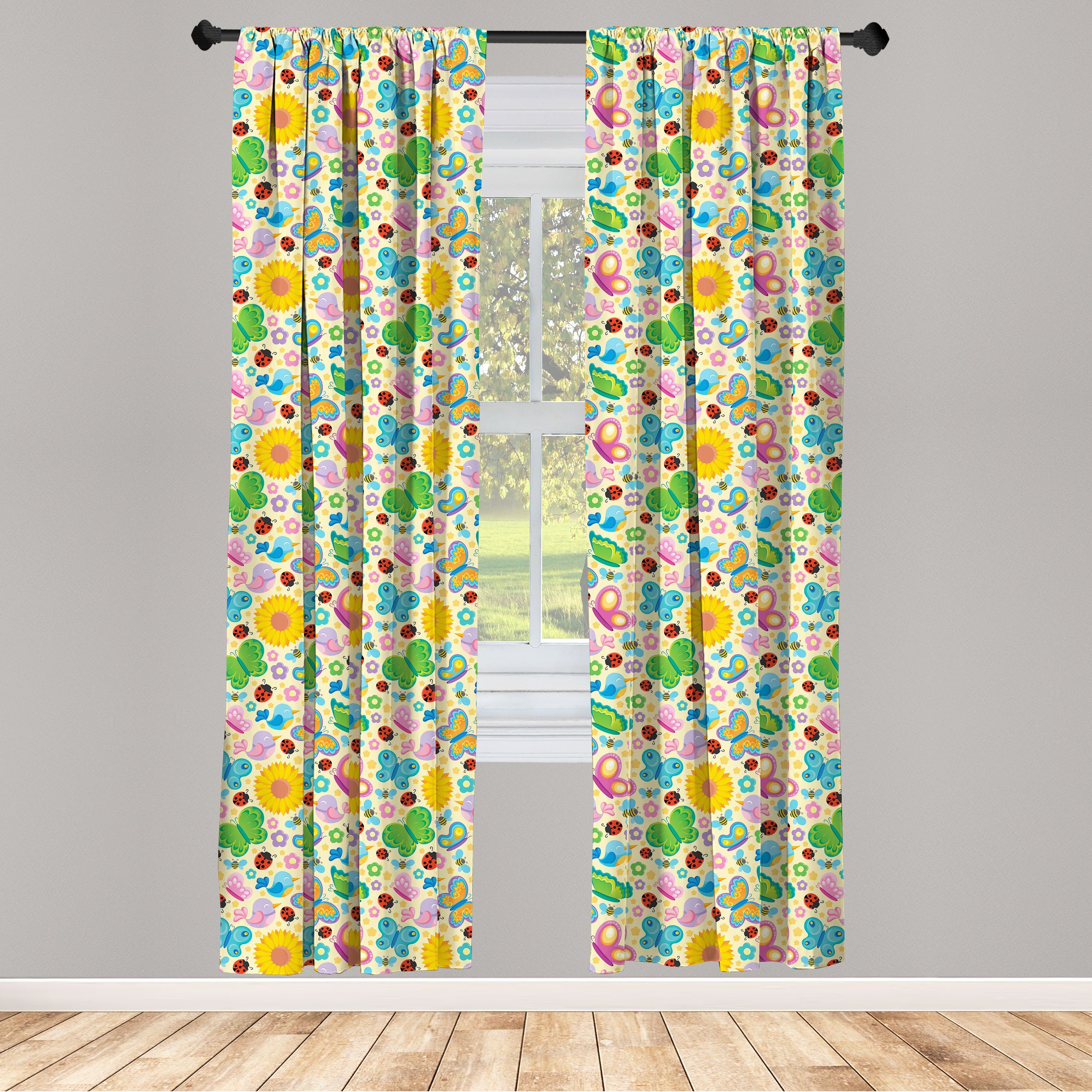 Gardine Vorhang für Wohnzimmer Schlafzimmer Dekor, Abakuhaus, Microfaser, Kindergarten Frühlings-Blumen-Bugs