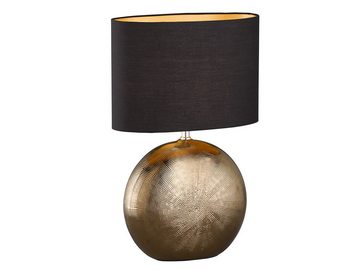 meineWunschleuchte LED Nachttischlampe, LED wechselbar, Warmweiß, Lampen-Fuß Keramik Bronze, Lampenschirm oval Schwarz Gold, 53cm groß