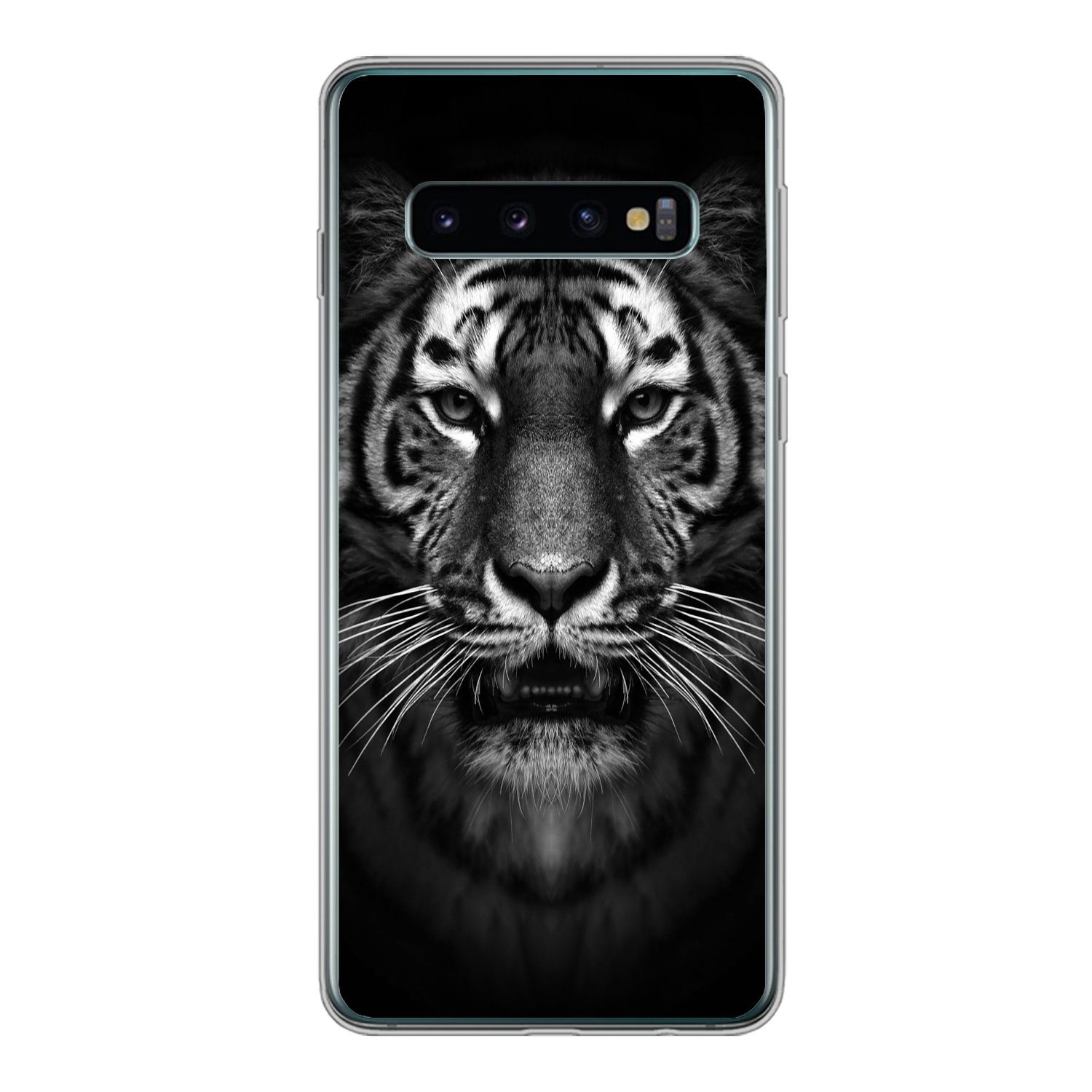 MuchoWow Handyhülle für Samsung Galaxy S10 Tiger - Tiere - Schwarz - Weiß - Porträt - Wild, Phone Case, Silikon, Schutzhülle Dünn
