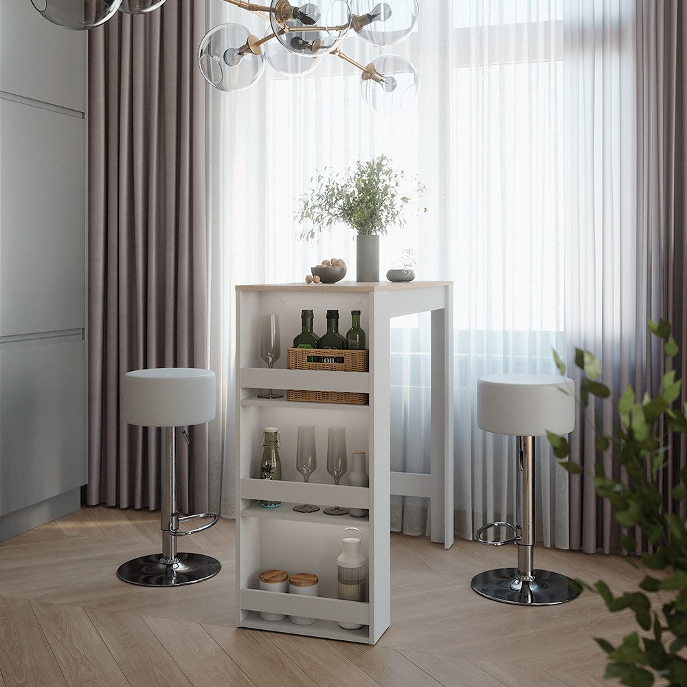 Vicco Bartisch Repose, Weiß/Sonoma/Weiß, 45 x 110 cm mit 2 Barhockern (3-St)