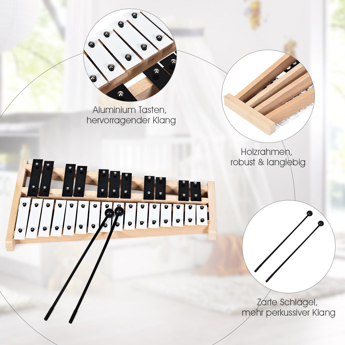 COSTWAY Xylophon 27 Noten Glockenspiel, mit 2 Schlägeln & Tragetasche