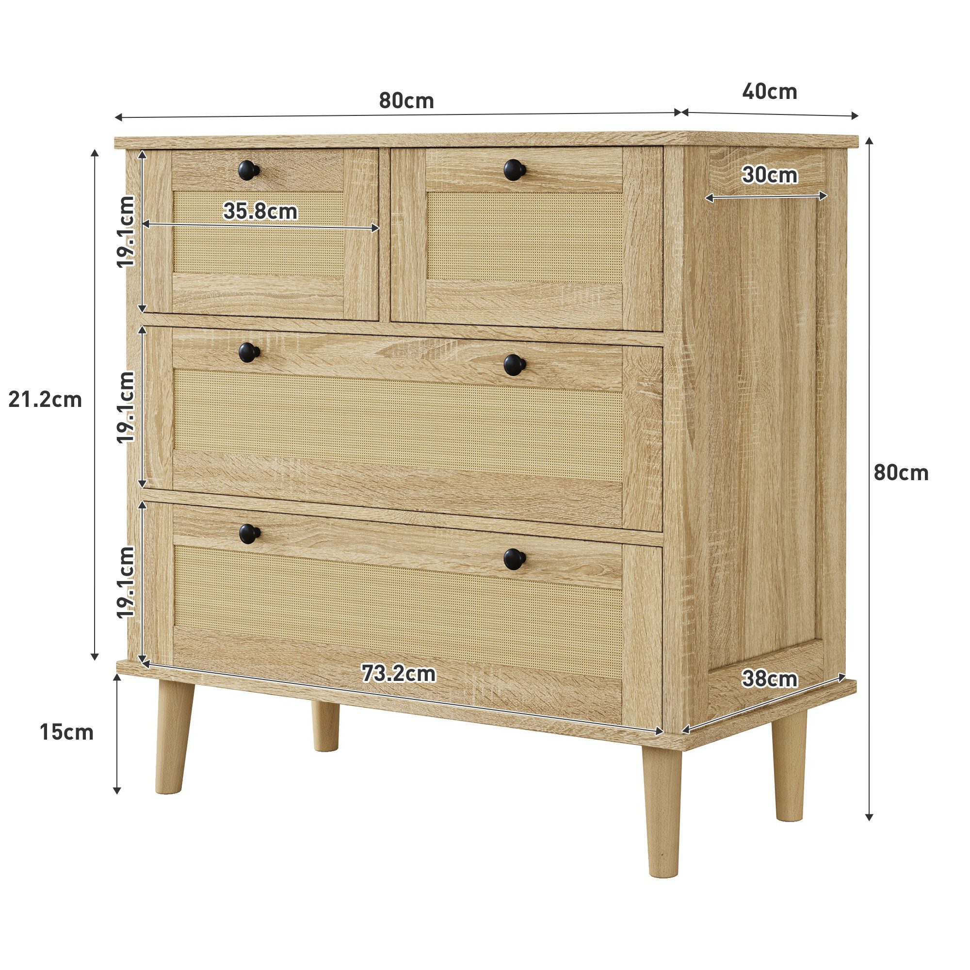 KLAM HOME Sideboard 80 L x 40 B x 80 H, Kommode mit vier Schubladen, Rattanschubladen, Mit Aufbewahrungsschrank, Beine aus Massivholz