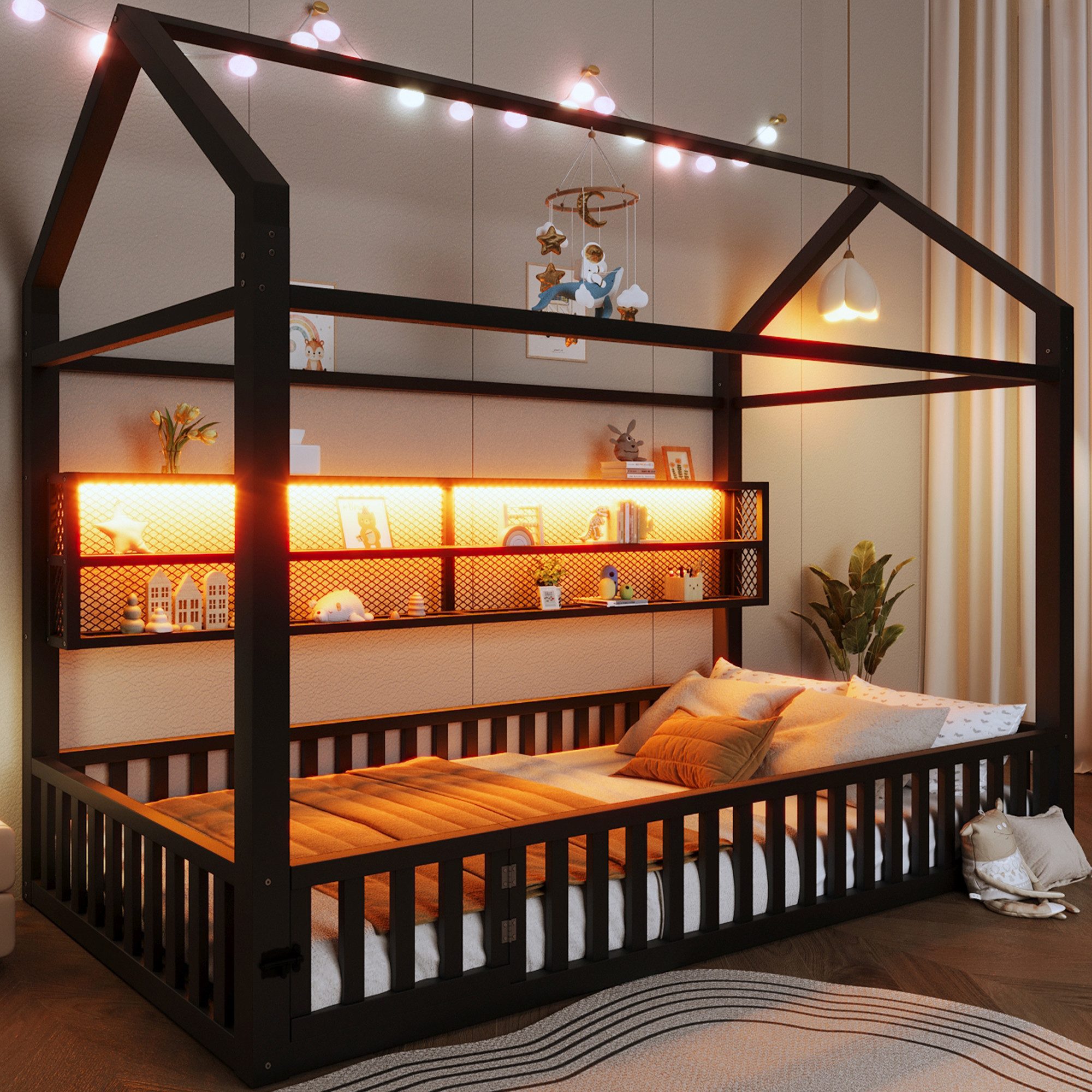 Merax Kinderbett mit LED-Beleuchtung, Plattformbett im Haus-Design (Jugendbett Einzelbett Babybett, 1-tlg., Metallbett), Bodenbett Hausbett 90x200cm mit Ablagefächern, Sicherheitszaun & Tür