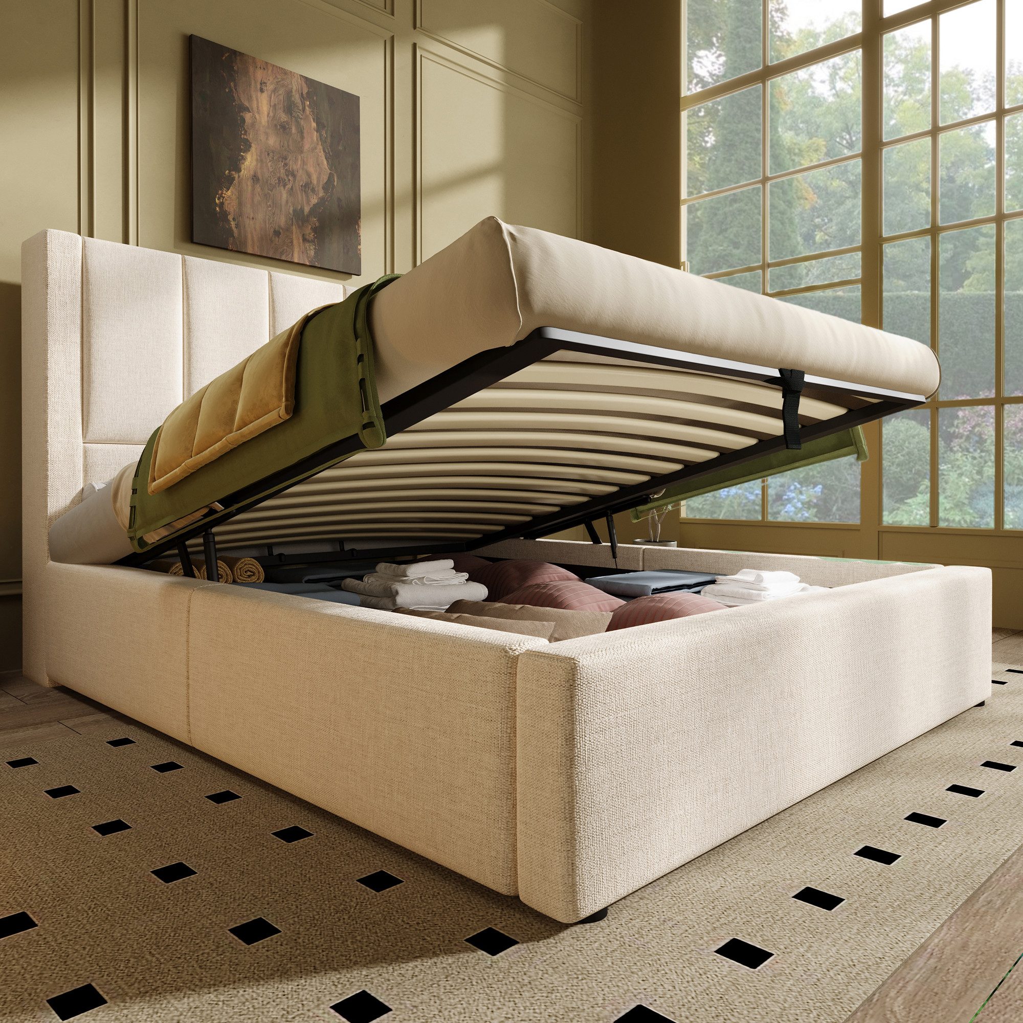 MODFU Polsterbett Polsterbett 90x200 cm mit Stauraum & Ladestation, Leinen Beige (Struraumbett, Funktionsbett, Inkl. Lattenrost, Leinen Beige), mit verstecktem Becherhalter & Ladestation