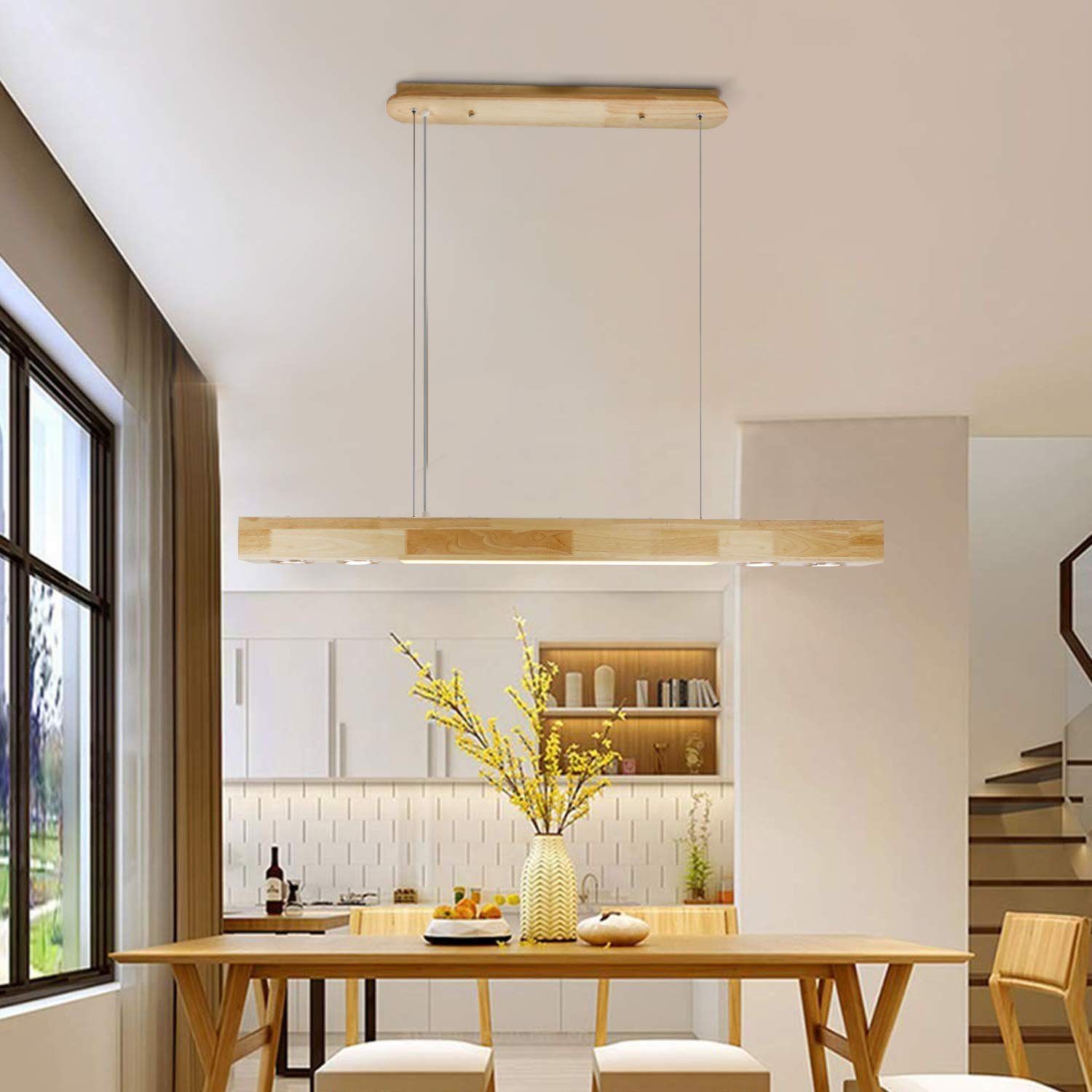 Ess- LED Wohnzimmer, höhenverstellbar LED fest ZMH Pendelleuchte Holz rustikal Dimmbar, Fernbedienung Nicht integriert