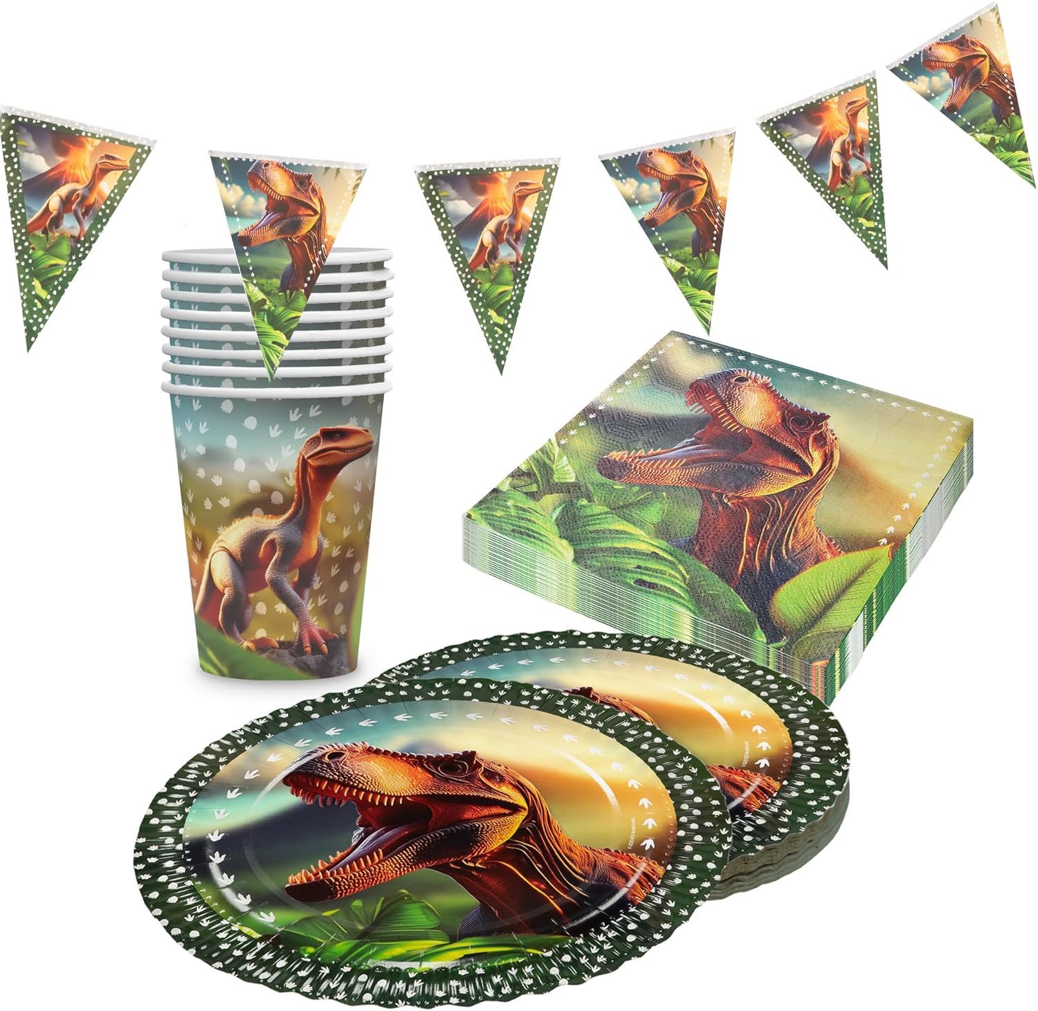 Party Factory Geschirr-Set Dino realistisch Partyset Teller Becher Servietten Wimpelkette, 8 Personen, ausdrucksstarkes, farbintensives Design, stabile Ausführung