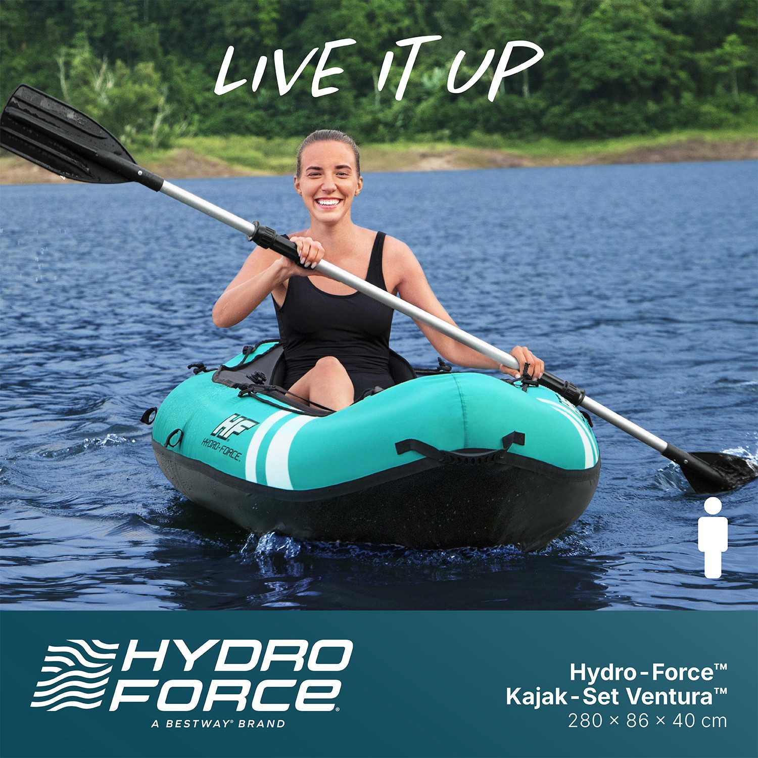 Bestway Einerkajak Hydro-Force™ Ventura™, (Set, 1-St., mit Paddel, Handpumpe & Aufbewahrungstasche), Einstellbarer Sitz mit Aufbewahrungsfach