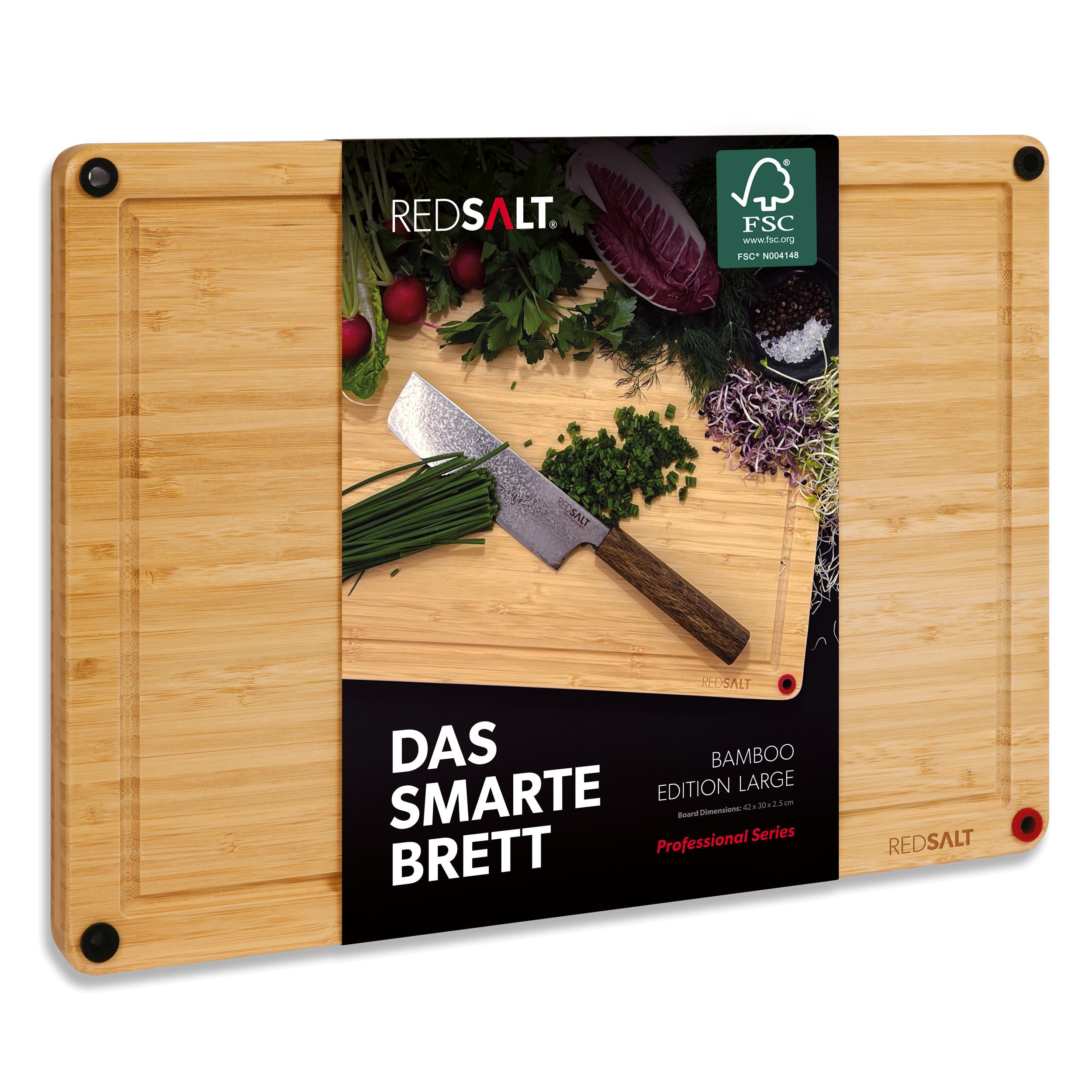 REDSALT® Schneidebrett rutschfestes Bambus Küchenbrett beidseitig verwendbar antibakteriell, 36x26x2,5, tiefe Saftrille, innovative Silikonfüße, nachhaltig