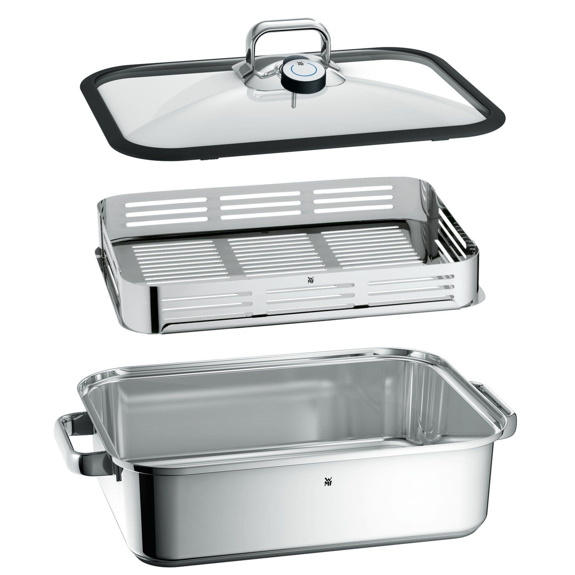 WMF Dampfgartopf Vitalis, Bräter Induktion mit Glasdeckel und Silikonrand, Cromargan® Edelstahl Rostfrei 18/10, Dampfgarer mit integriertem Thermometer, backofengeeignet bis 180 Grad