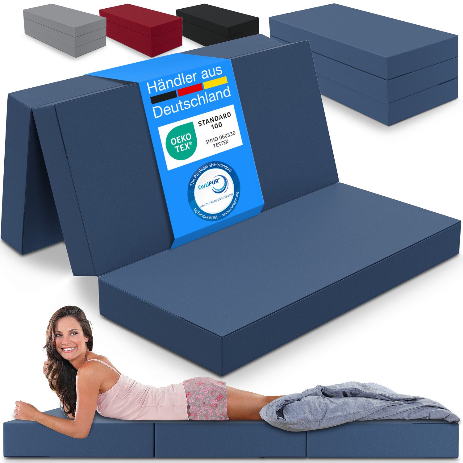 Klappmatratze 3-teilig, Gästematratze mit extra dickem Schaumstoff, ELONEO, 15 cm hoch, waschbarer Bezug, geeignet für Hausstauballergiker, schadstoffgeprüft