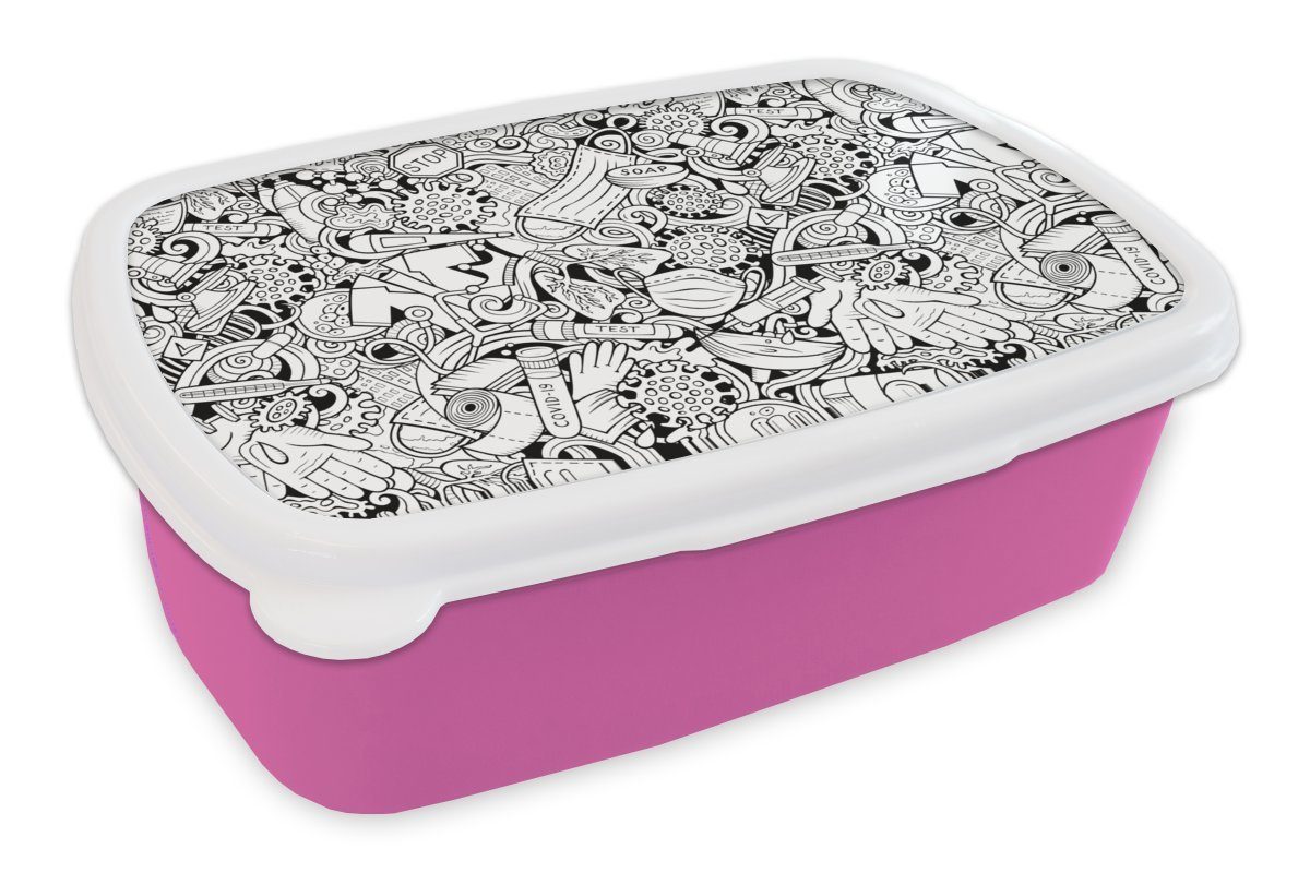 MuchoWow Lunchbox Muster - Corona - Schwarz und Weiß, Kunststoff, (2-tlg), Brotbox für Erwachsene, Brotdose Kinder, Snackbox, Mädchen, Kunststoff rosa