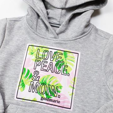 goldmarie Hoodie LOVE PEACE MOIN Floral-Palmen Applikation für Kinder hellgrau mit Kängurutasche