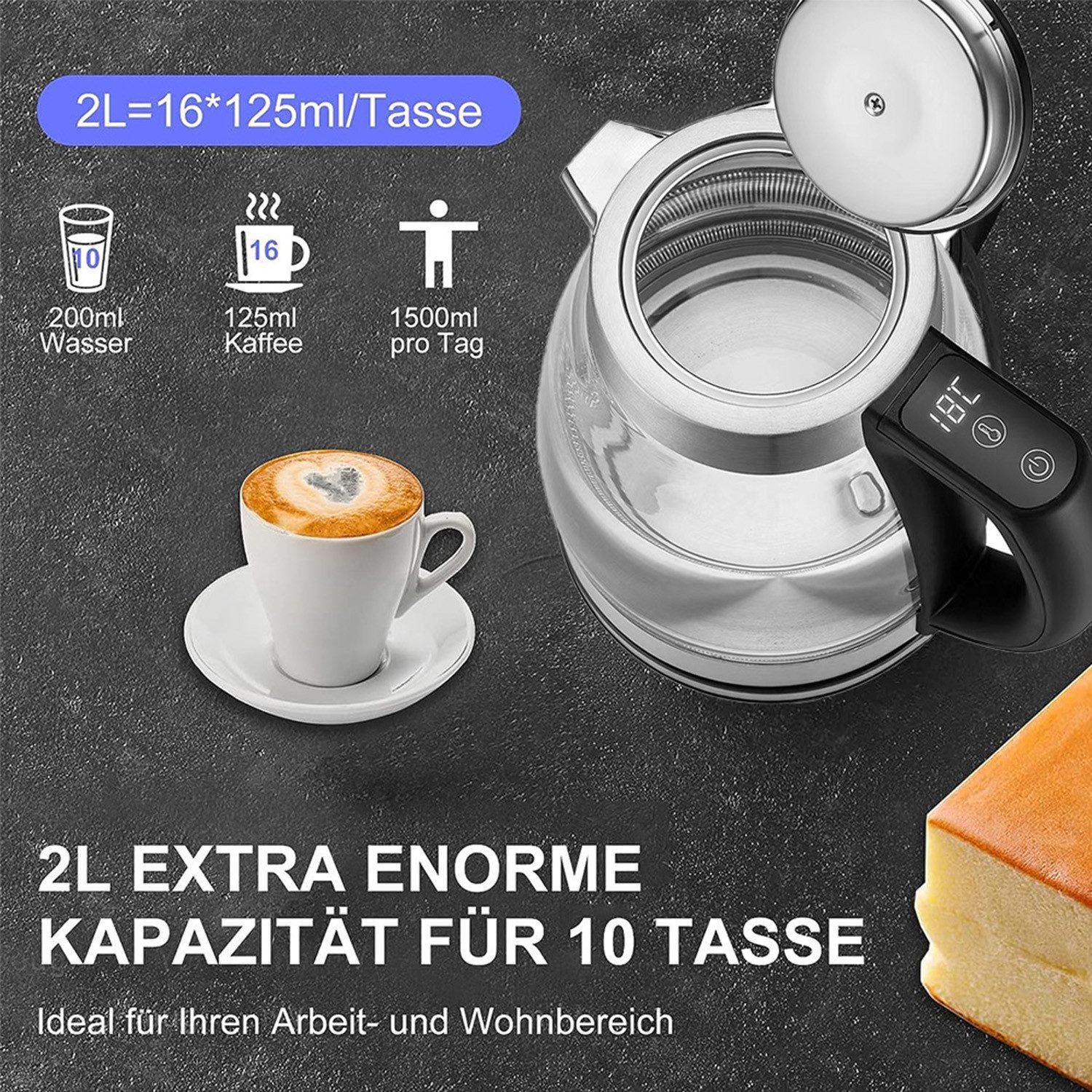 Forrlite Wasserkocher Wasserkocher mit temperatureinstellung, Wasserkocher Glas 2,0 Liter, 2200 W, Temperaturwahl 40-100°C Farbwechsel LED Temperatur