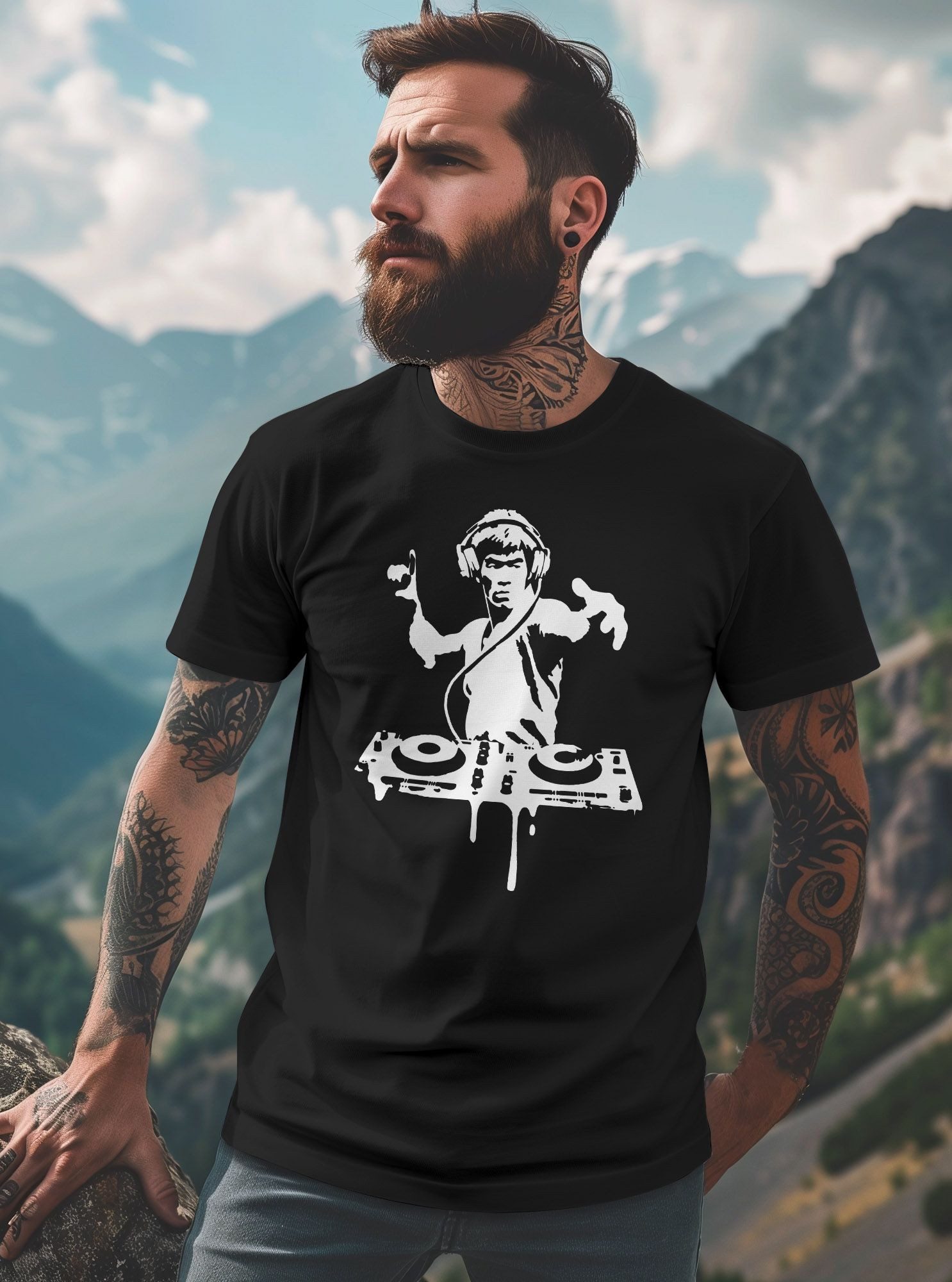 Neverless Print-Shirt Herren T-Shirt Techno DJ Bruce Lee Parodie Printshirt Tanzen mit Print – Bild 3 von 5