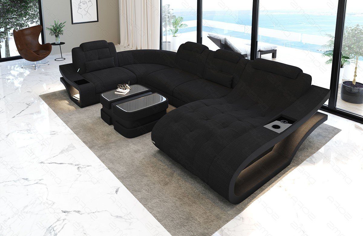 Sofa Dreams Sofa Polster Sofa Wohnlandschaft mit Elegante wahlweise Stoffsofa, Schwarz-Schwarz H Form Couch - U Bettfunktion