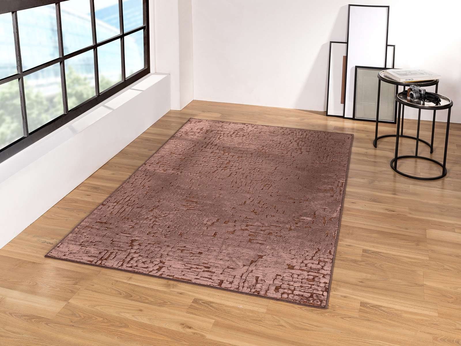 Flachflorteppich 100x140 Struktur 9 Vintage Genoa TaraCarpet, glänzender Esszimmer cm braun Wohnzimmer abstrakte Edlel rechteckig, Höhe: Schlafzimmer seidige Struktur, mm, 938507 Teppich