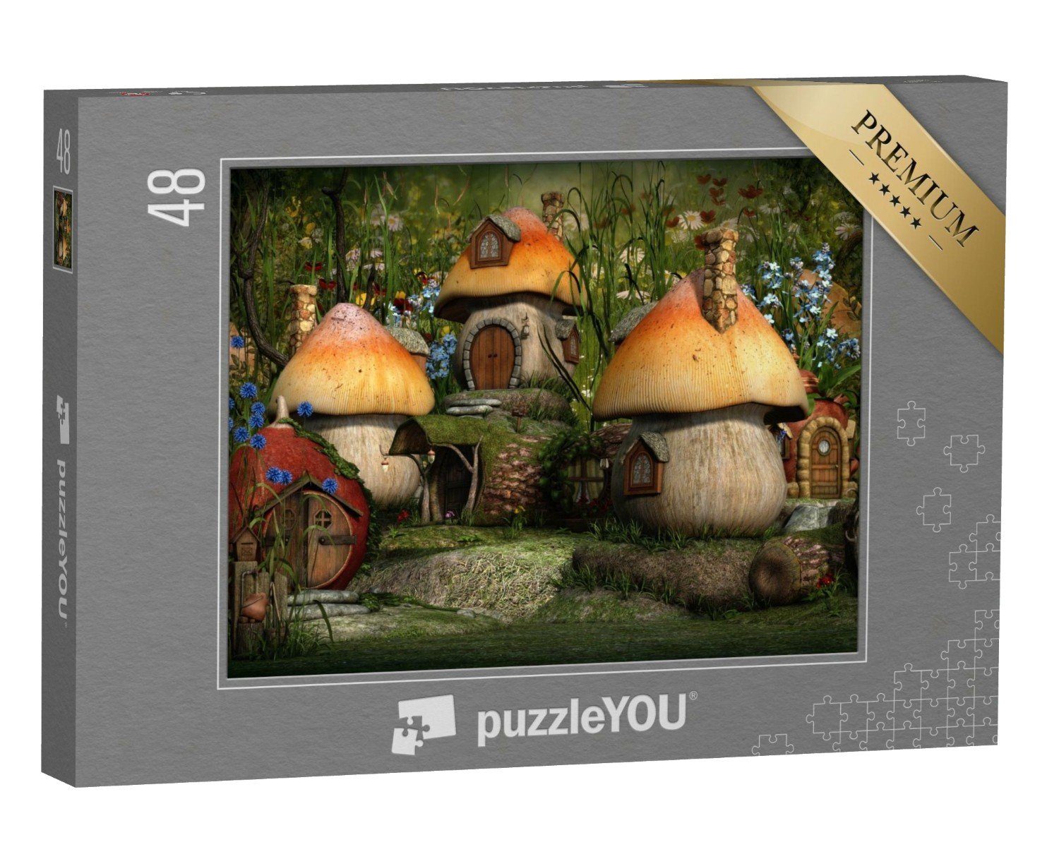 puzzleYOU Puzzle Grafik: Dorf mit Kobold-Häuschen, 48 Puzzleteile, puzzleYOU-Kollektionen Fantasy