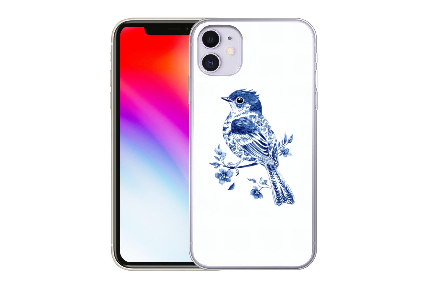 MuchoWow Handyhülle für Apple iPhone 11 Vogel - Delfter Blau - Illustration - Blumen, Smartphone-Bumper, Print, Handy Schutzhülle Dünn