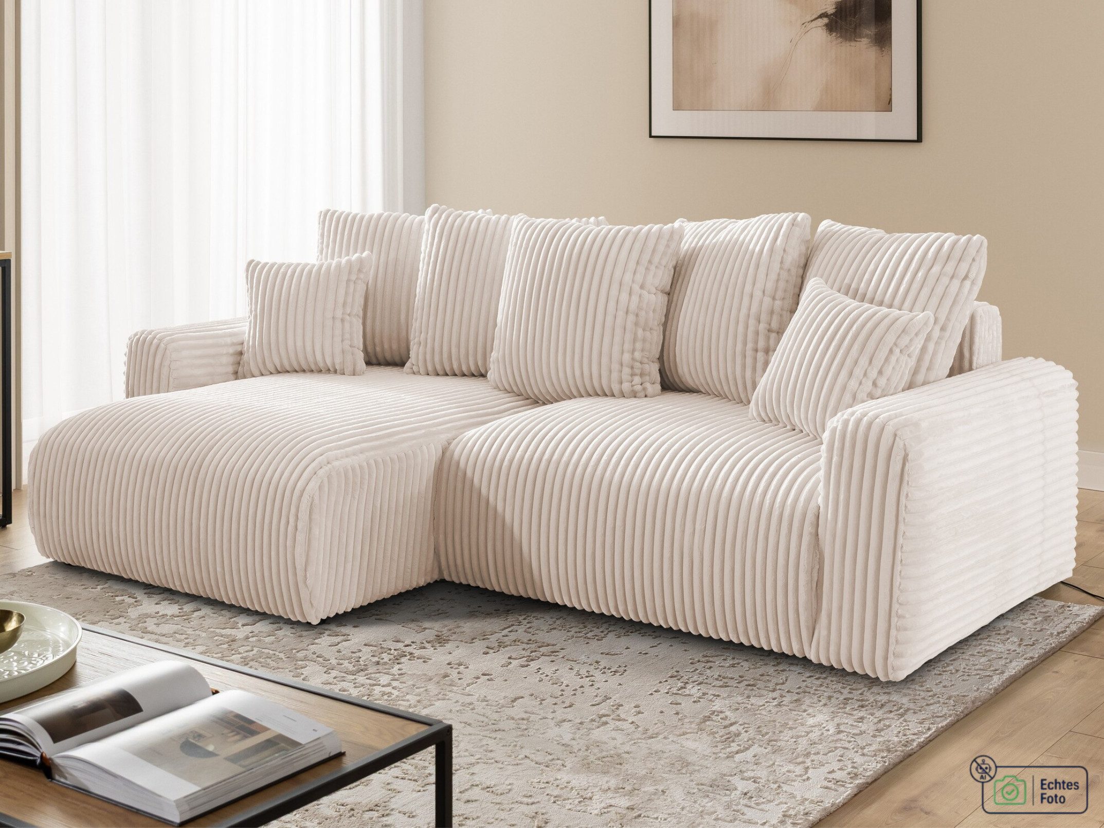 S-Style Möbel Ecksofa Calma mit Schlaffunktion und Bettkasten im Bumpy-Design, aus Plüschcord mit Wellenfederung und hohem Sitzkomfort