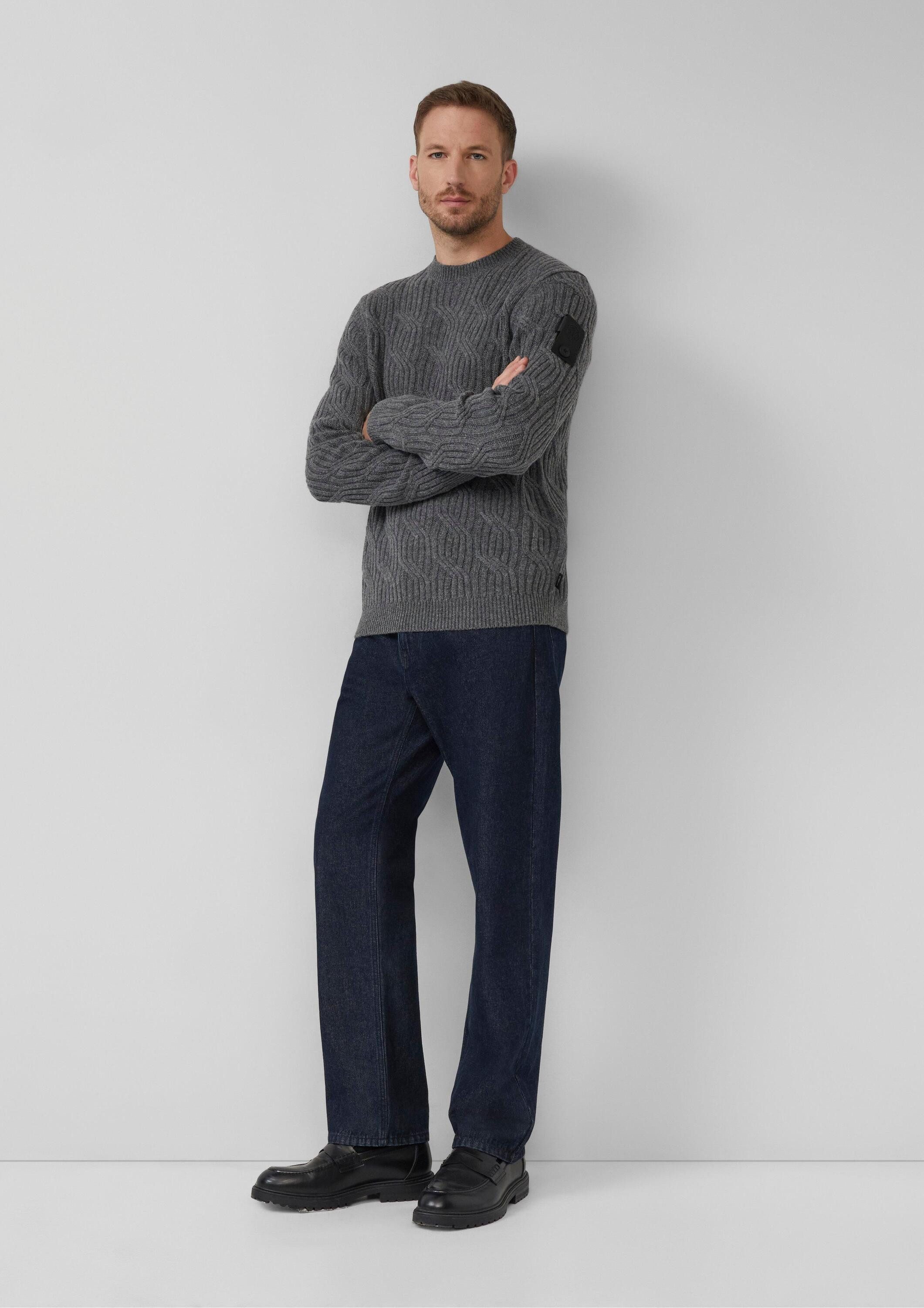 s.Oliver Longpullover Strickpullover Strickpullover aus 100% Wolle mit Zopfmuster und Ärmel-Patch