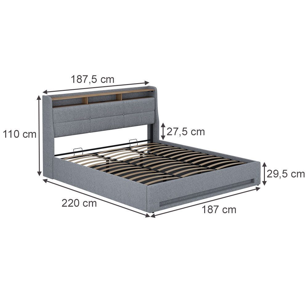 VitaliSpa® Polsterbett Christin, Grau/Eiche, 180x200 mit LED und USB-Anschluss (1-tlg)