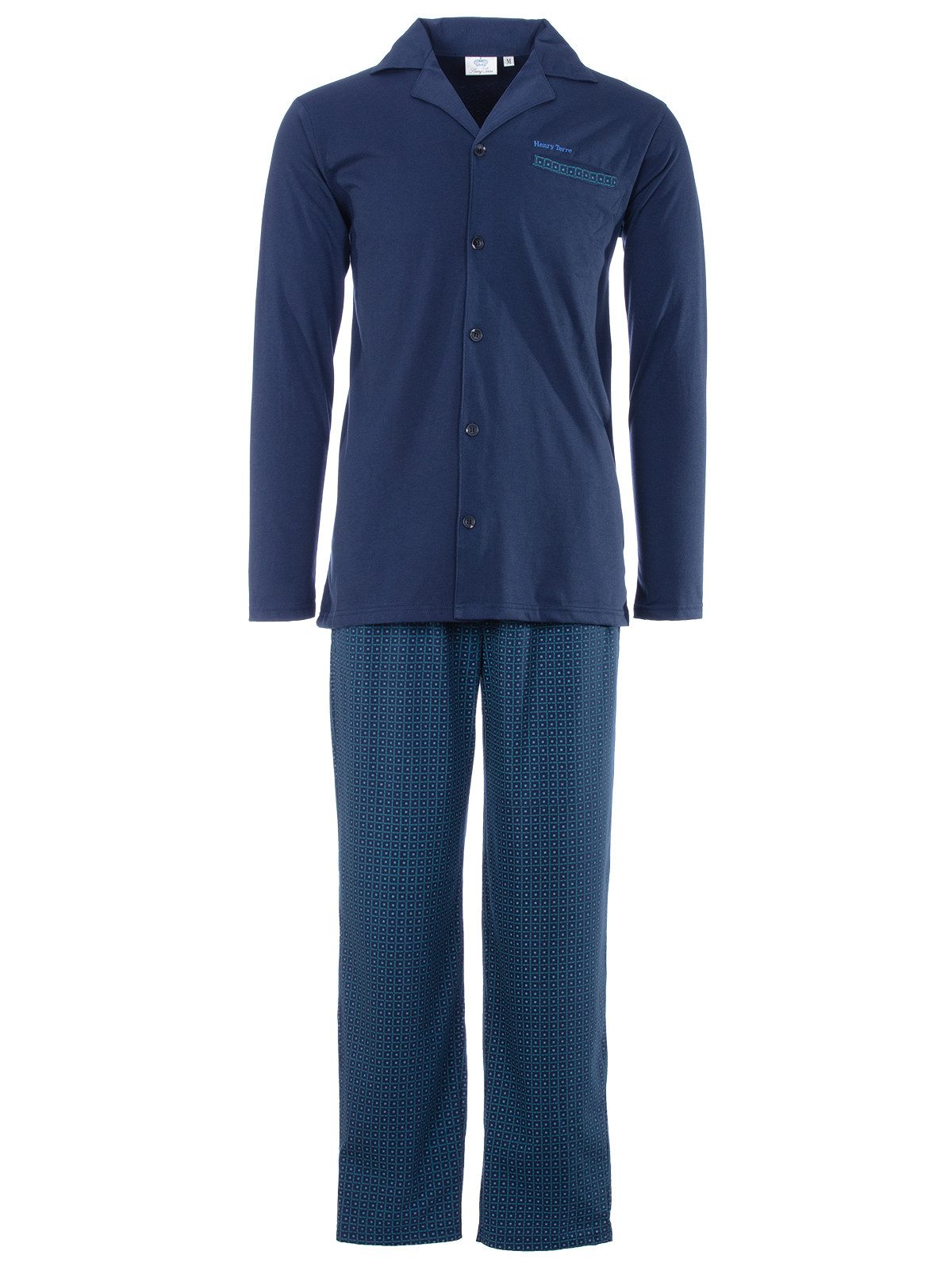 Henry Terre Pyjama Kent langarm - Hose dezenter Print Shirt uni Hemdkragen durchgeknöpft – Bild 3 von 5