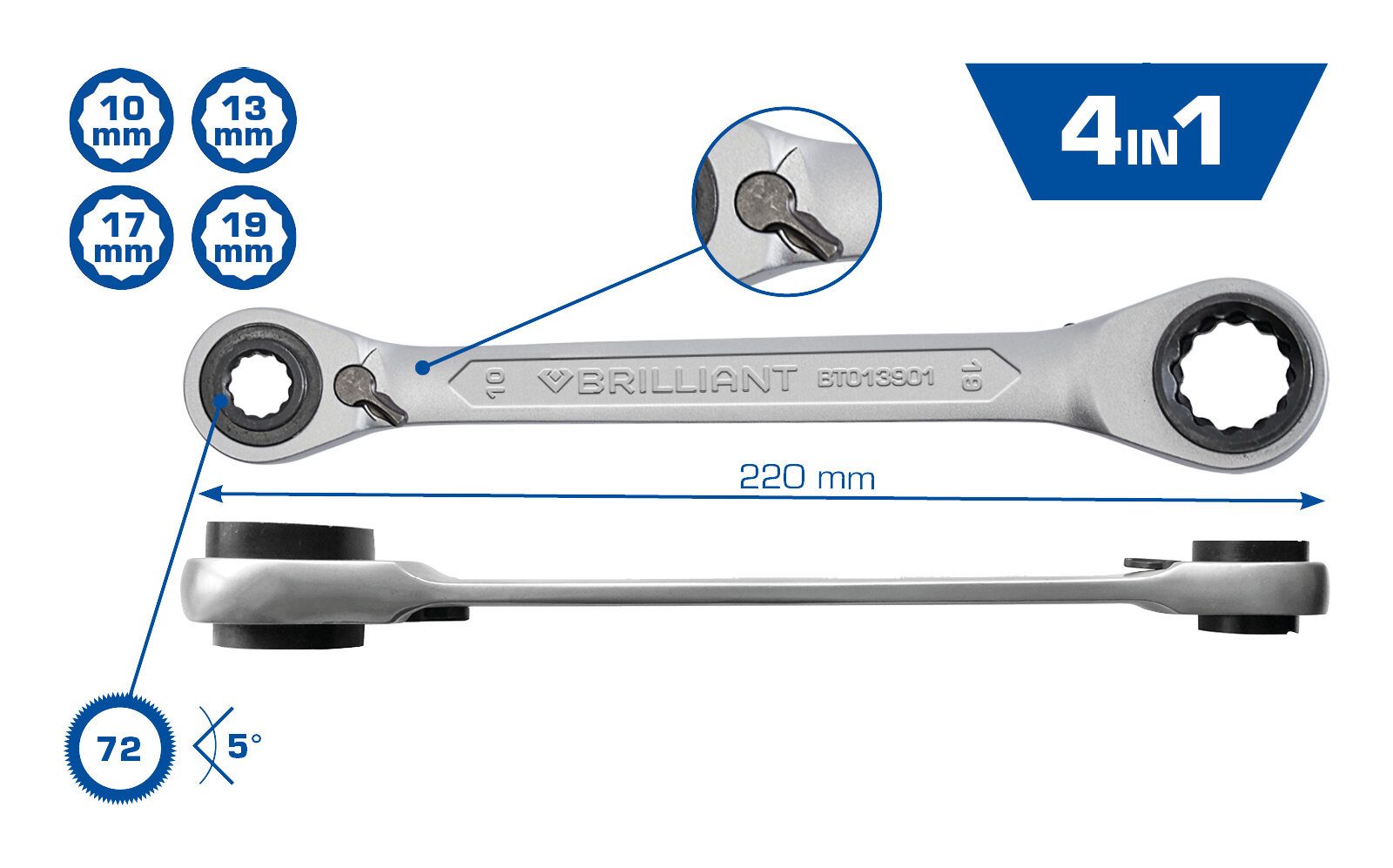Brilliant Tools Ratschenringschlüssel, 4 in 1, Doppel, 10 x 13, 17 x 19 mm