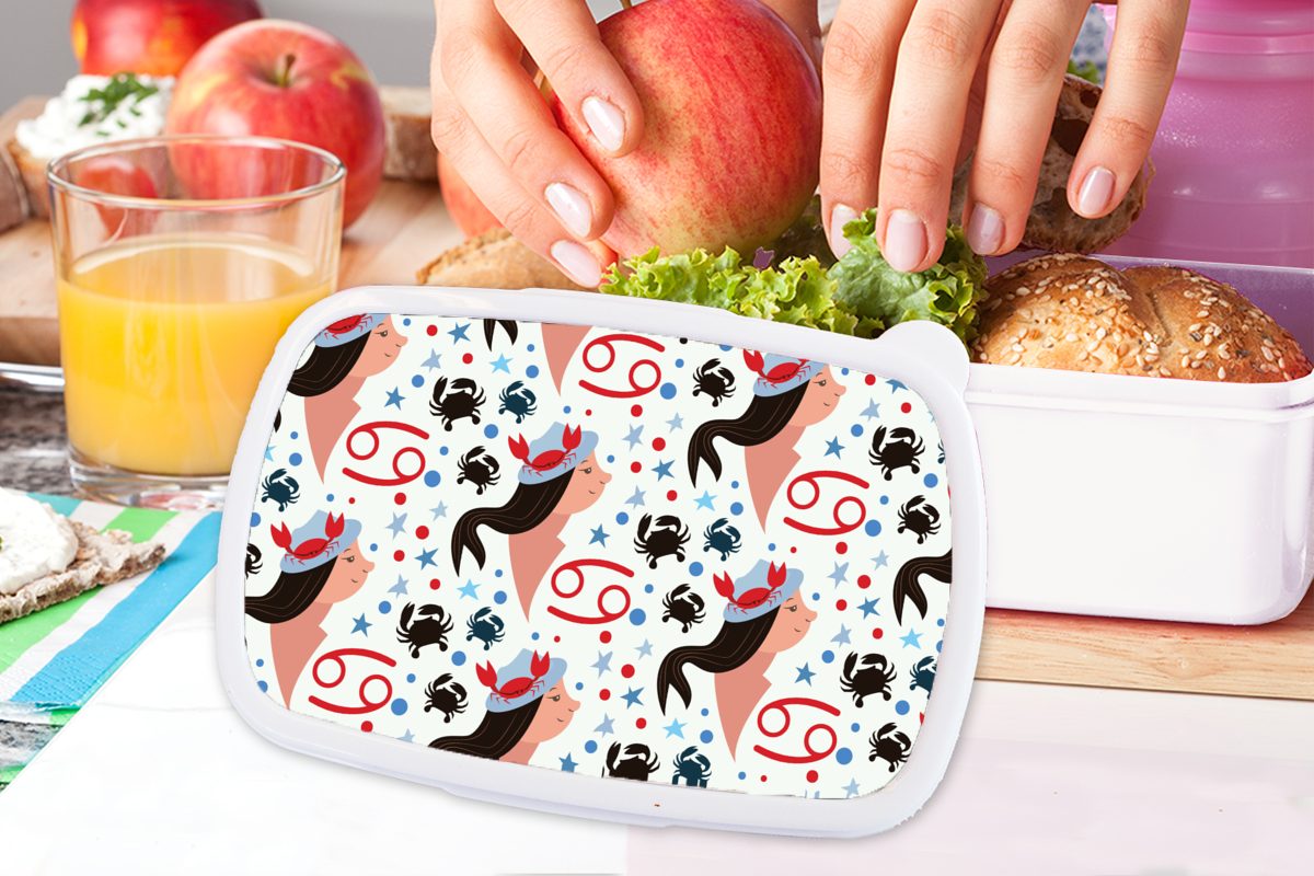 MuchoWow Lunchbox Tierkreiszeichen Brotbox Kunststoff, für (2-tlg), Brotdose, für Kinder und Mädchen weiß - Muster, Krebs Jungs und Erwachsene, 