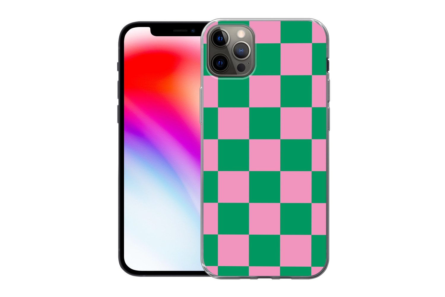 MuchoWow Handyhülle für Apple iPhone 13 Pro Max Schachbrettmuster - Grün - Rosa - Würfel, Smartphone-Bumper, Print, Handy Schutzhülle Dünn