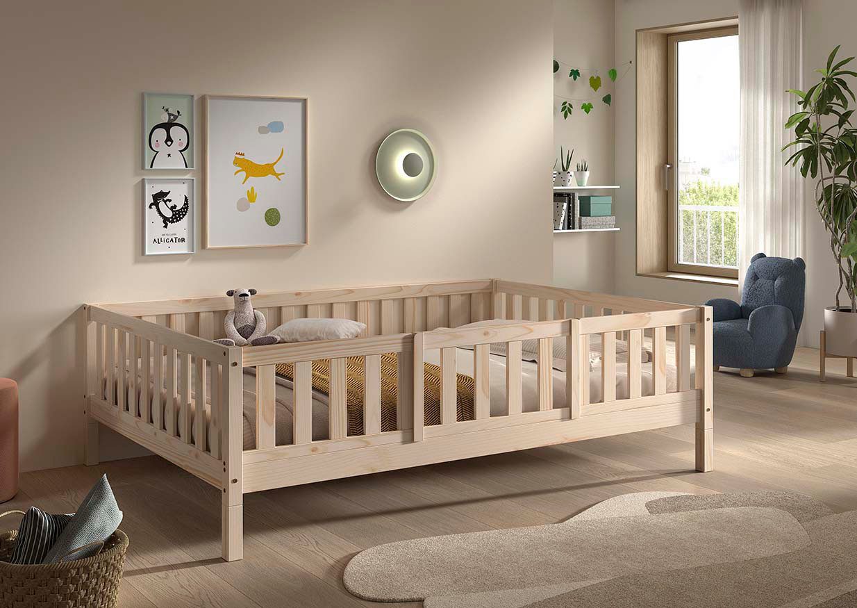 Vipack Kinderbett Dallas, massiv Bett, Rausfallschutz, umbaubar vom Boden- zum Daybett (inkl. Rolllattenrost und Sprossenumrandung, 90 oder 140x200 cm breit), stabil und standfest gebaut, wahlweise Kiefer massiv natur oder weiß
